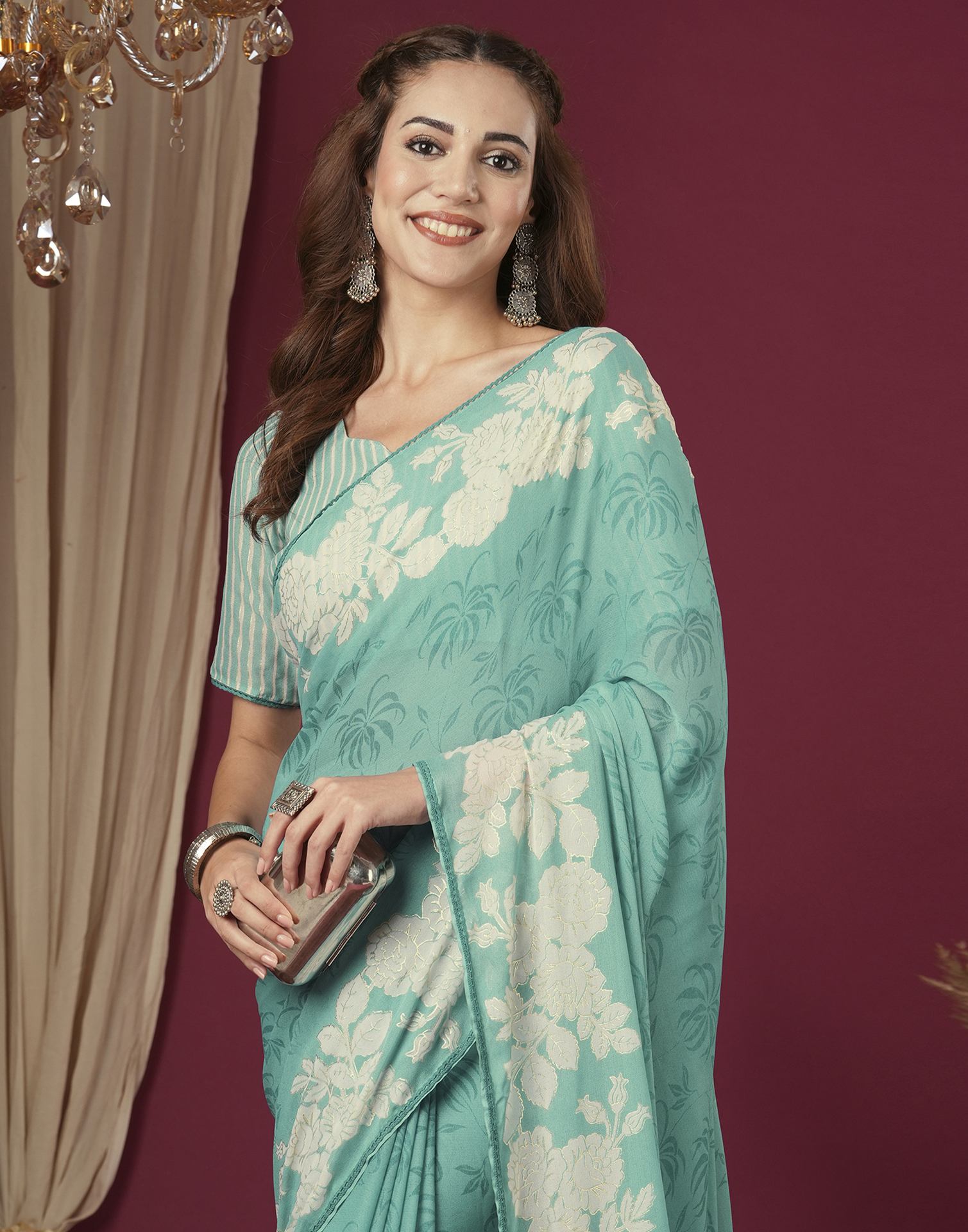Light Teal Green Georgette Printed Saree