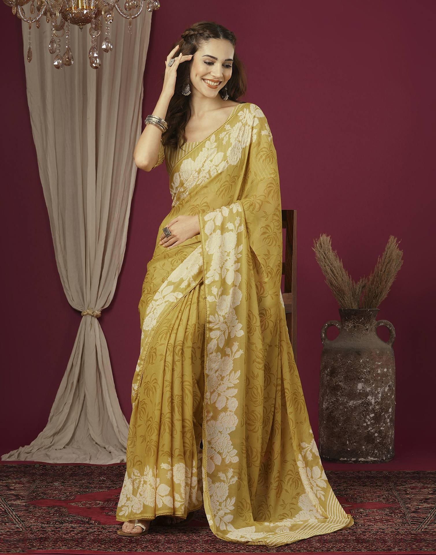 Yellow Georgette Printed Saree