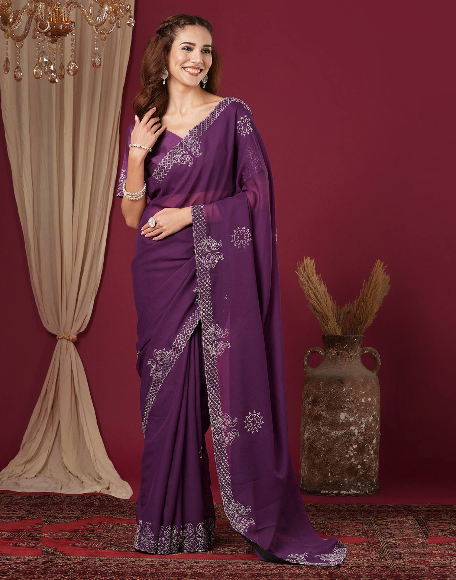 Dark Purple Georgette Stone Work Swarovski Saree