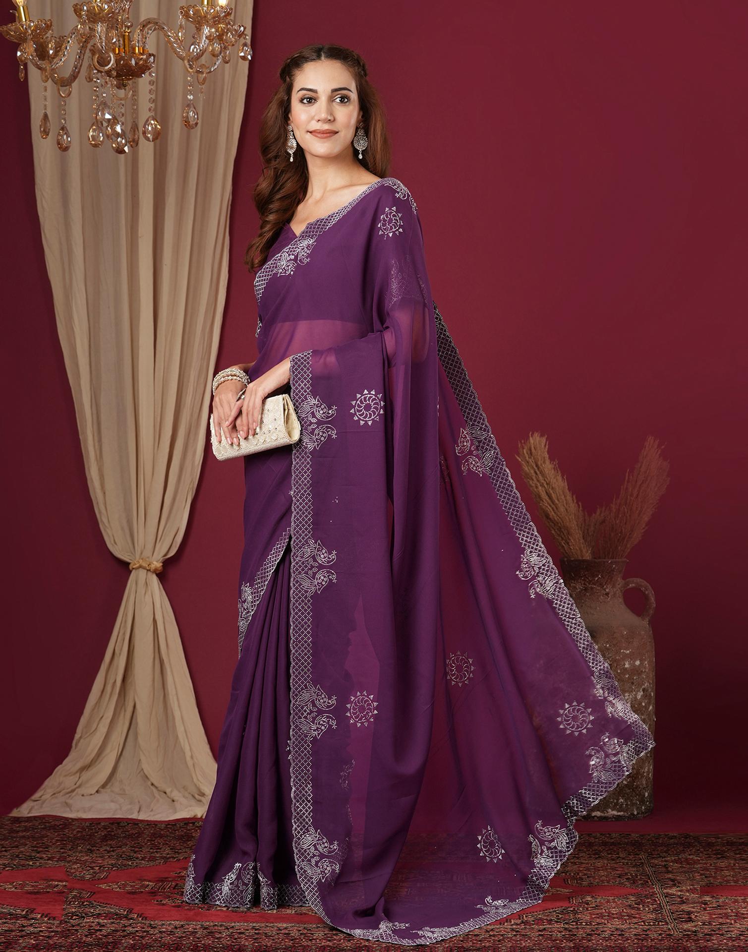 Dark Purple Georgette Stone Work Swarovski Saree