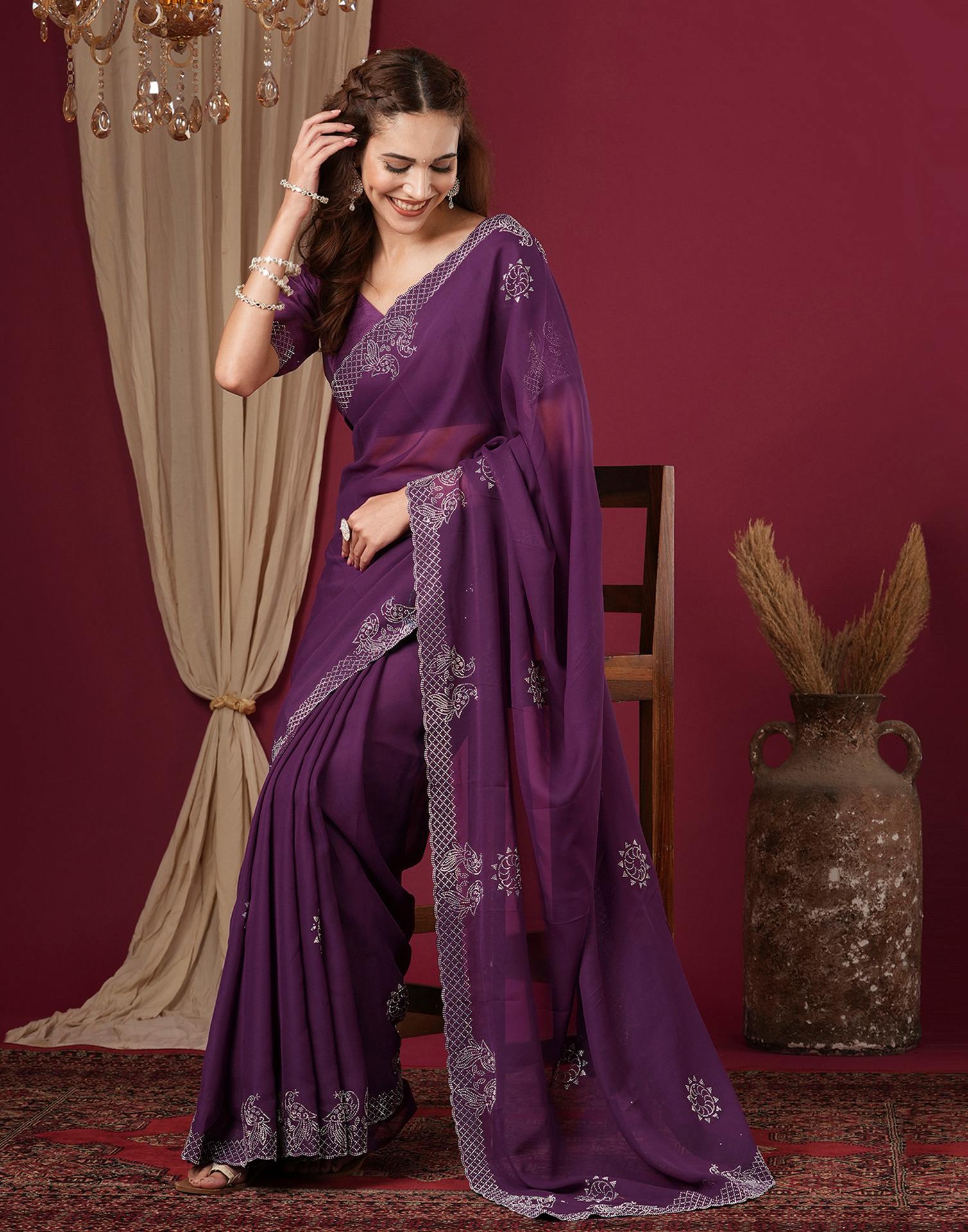 Dark Purple Georgette Stone Work Swarovski Saree