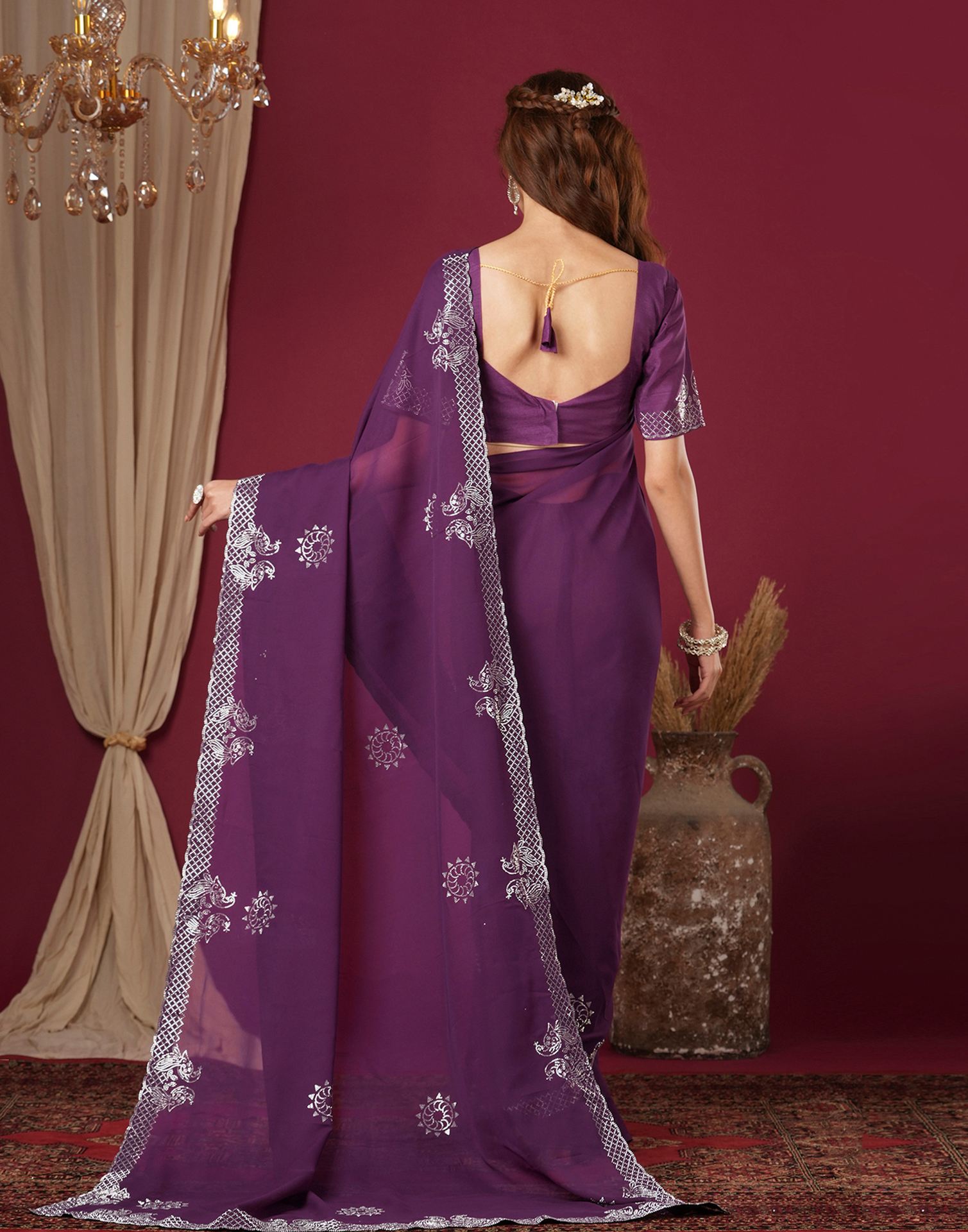 Dark Purple Georgette Stone Work Swarovski Saree