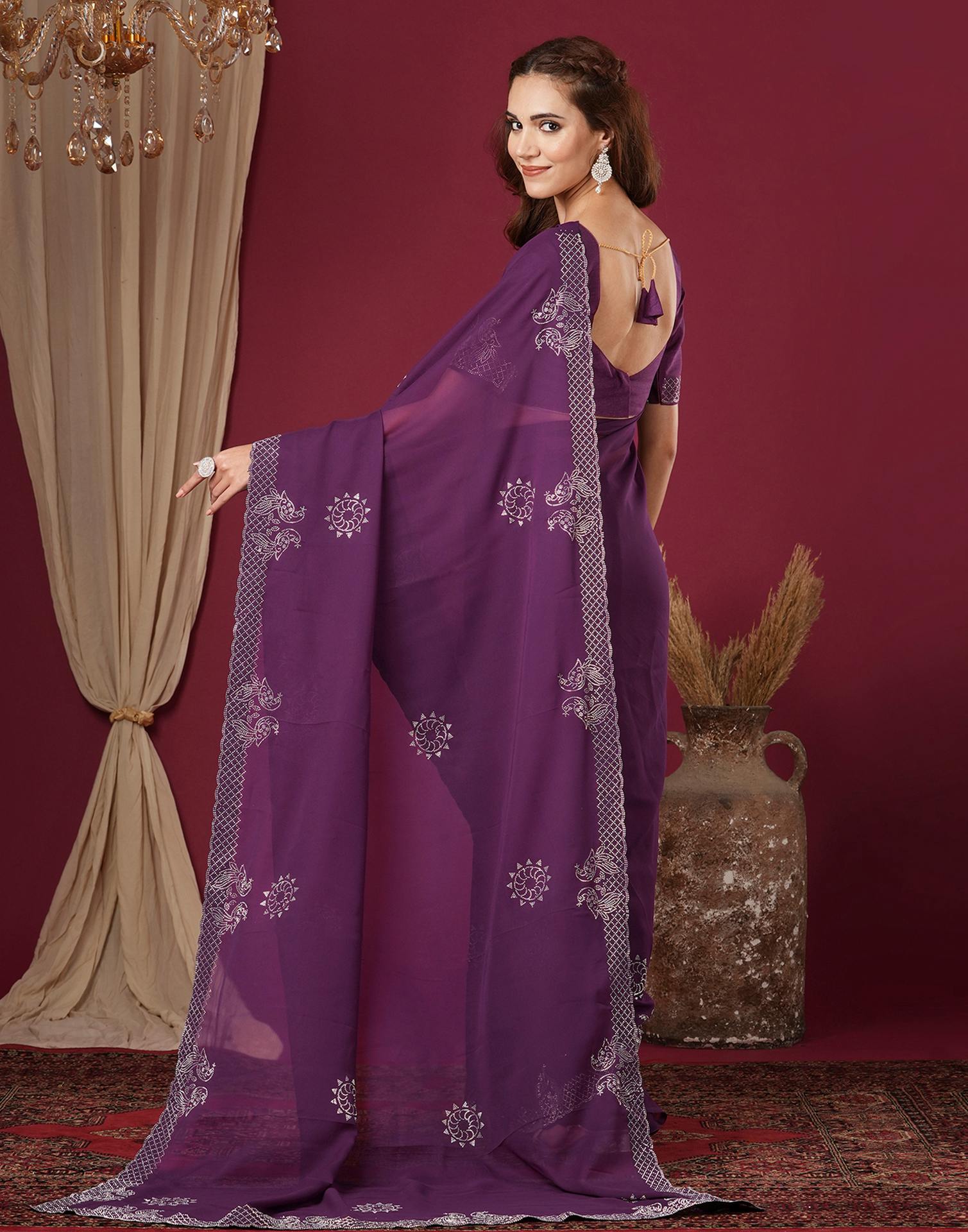 Dark Purple Georgette Stone Work Swarovski Saree