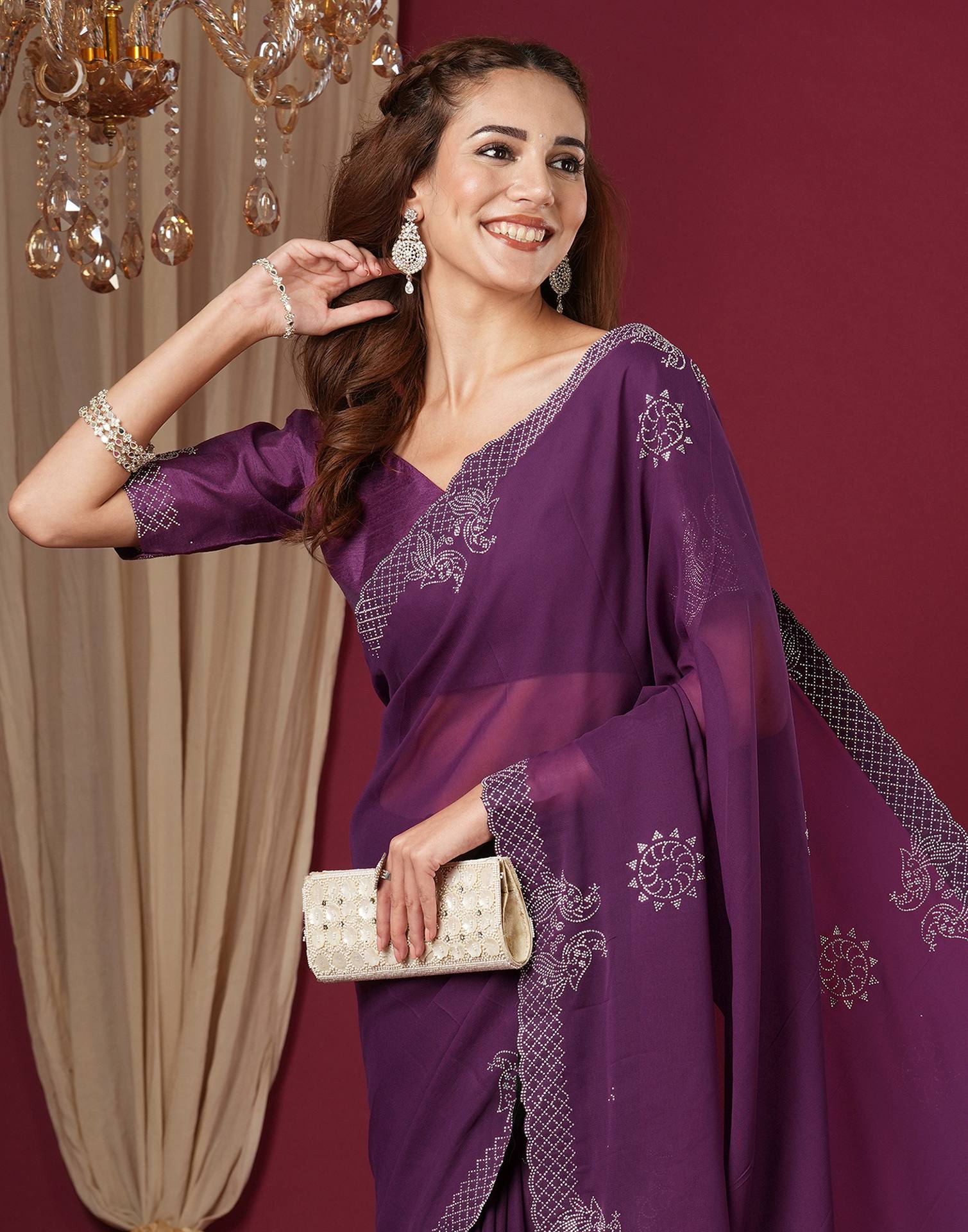 Dark Purple Georgette Stone Work Swarovski Saree