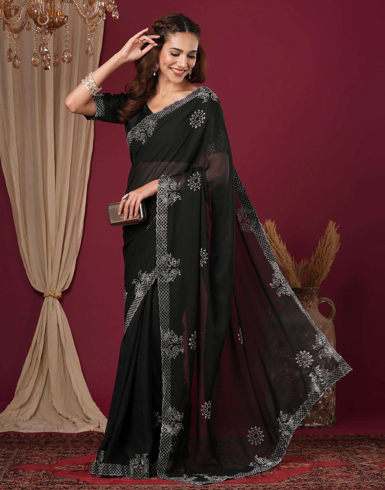 Black Georgette Stone Work Swarovski Saree