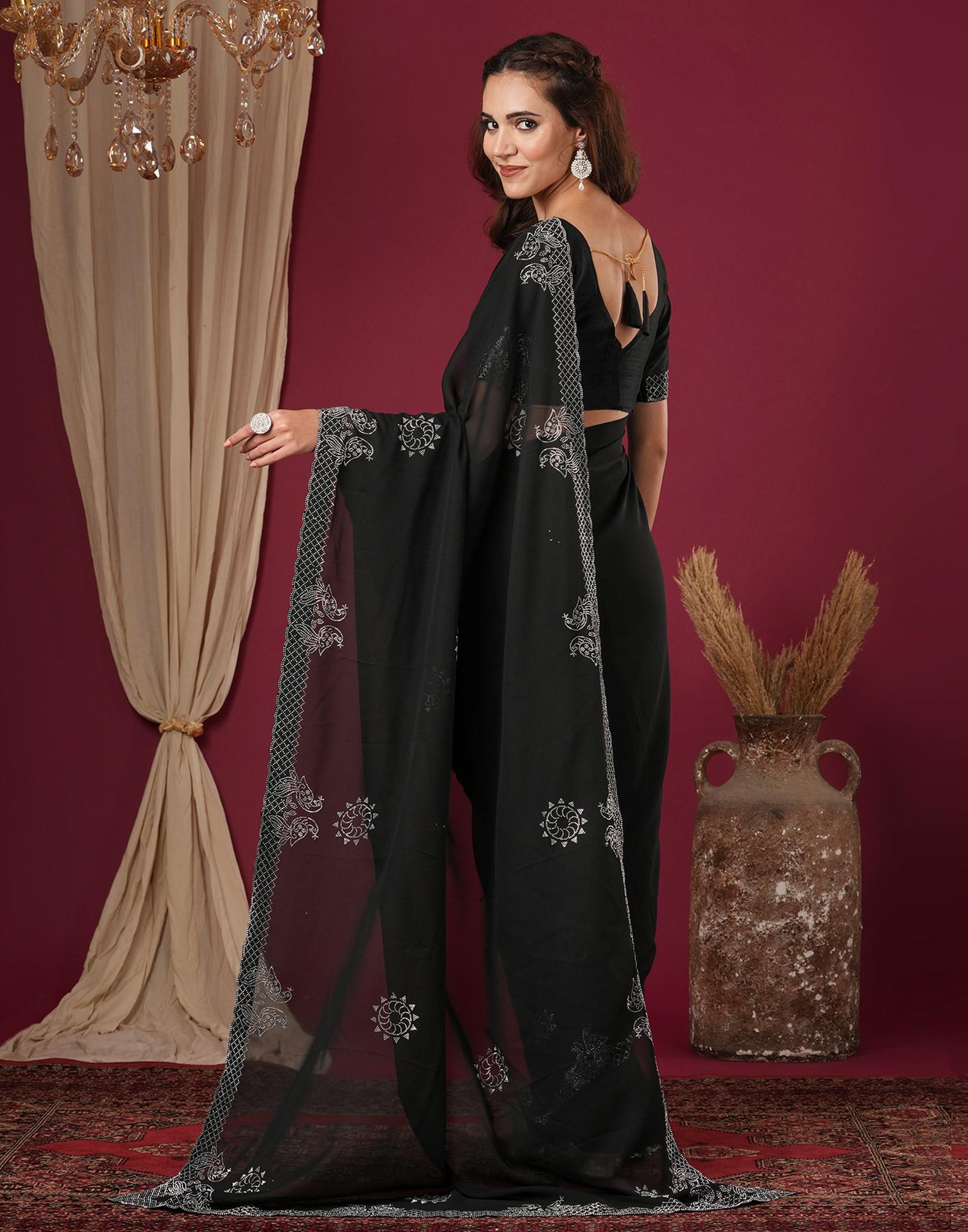 Black Georgette Stone Work Swarovski Saree