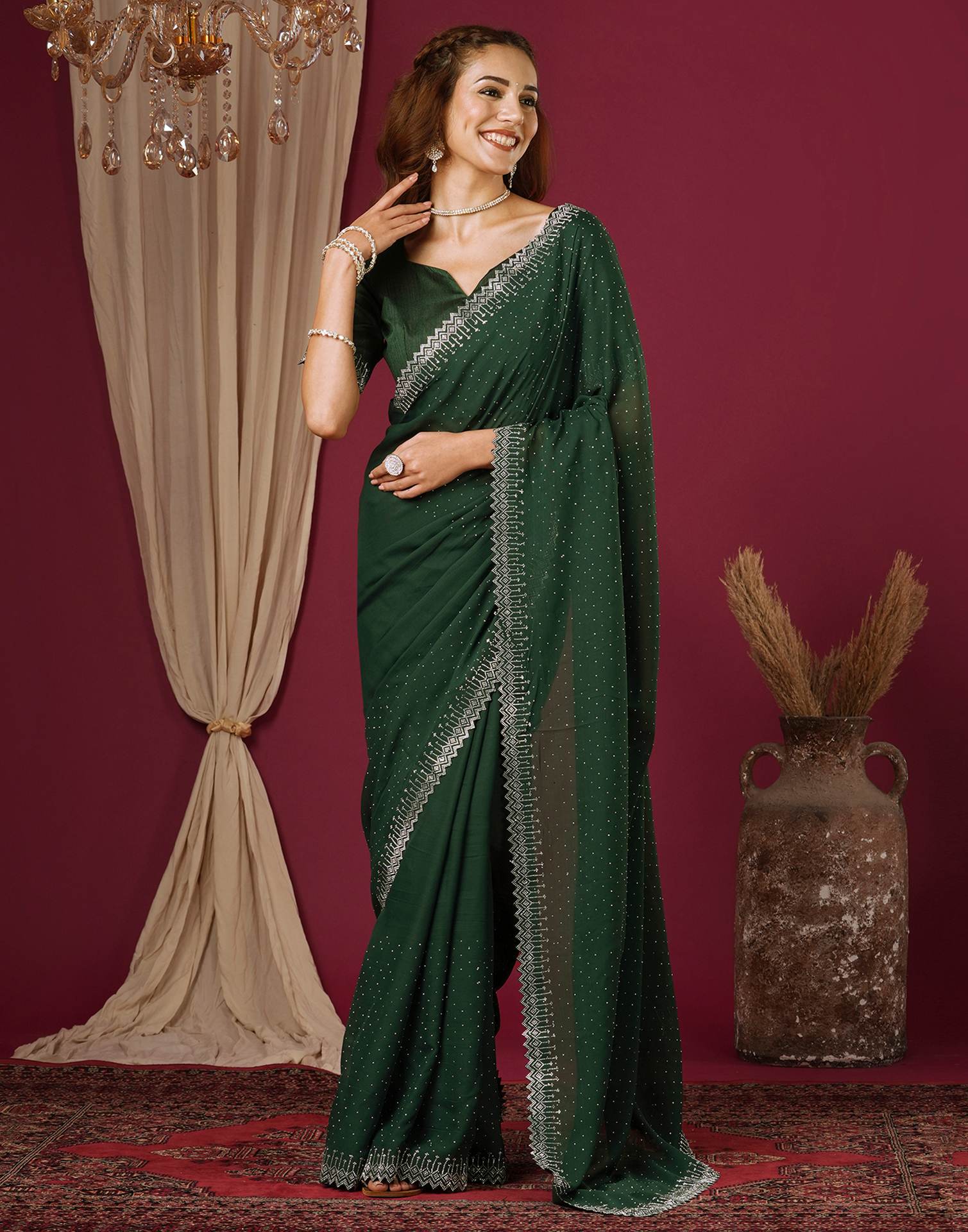 Dark Green Georgette Stone Work Swarovski Saree