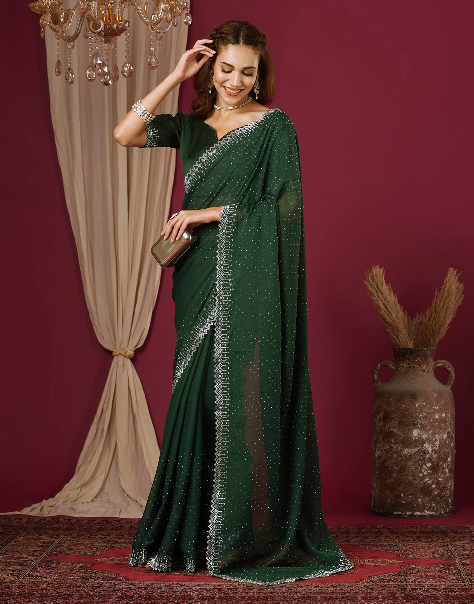 Dark Green Georgette Stone Work Swarovski Saree