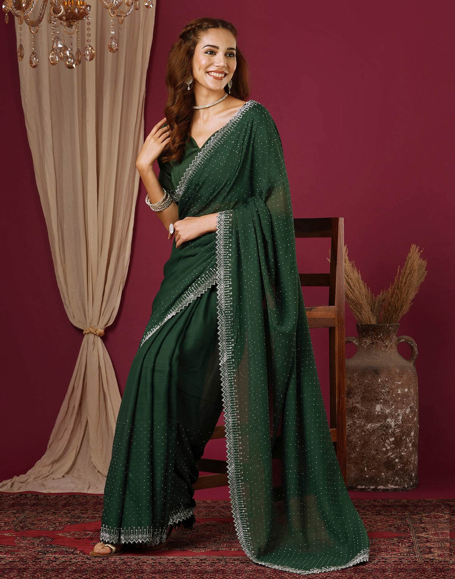 Dark Green Georgette Stone Work Swarovski Saree