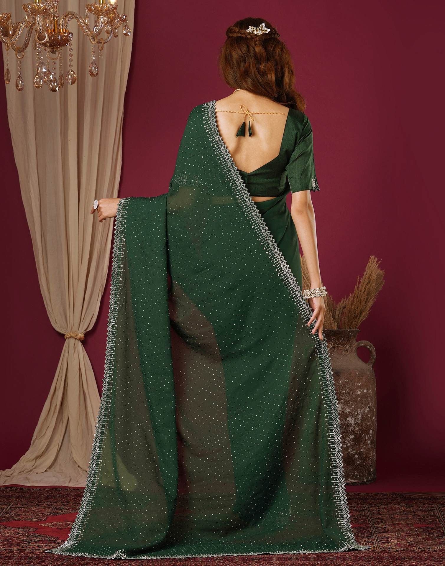 Dark Green Georgette Stone Work Swarovski Saree