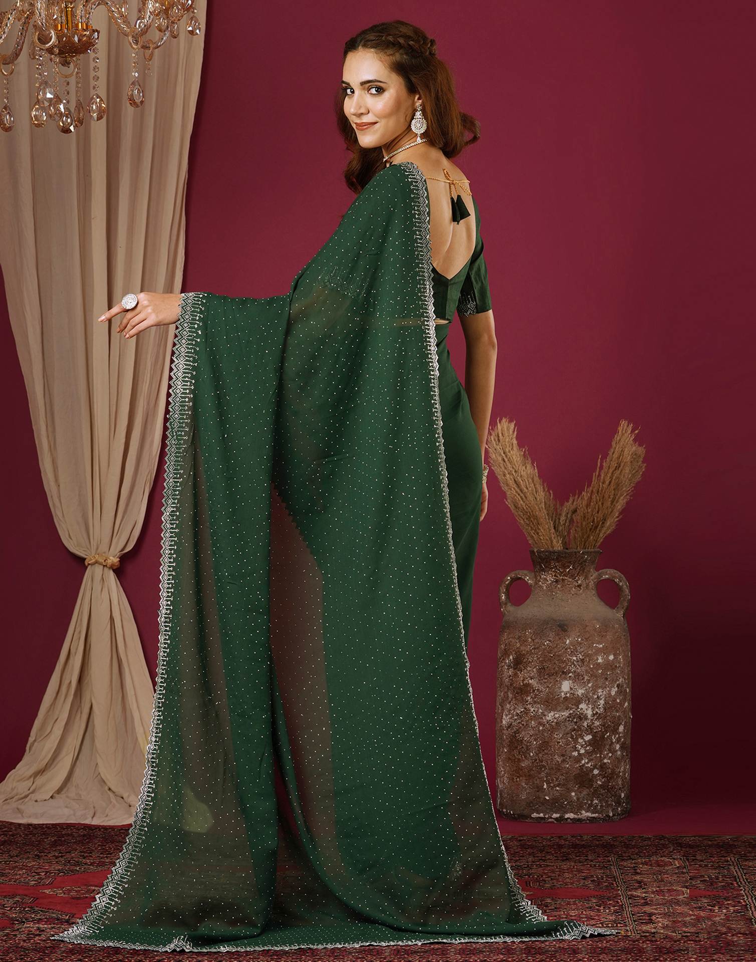 Dark Green Georgette Stone Work Swarovski Saree
