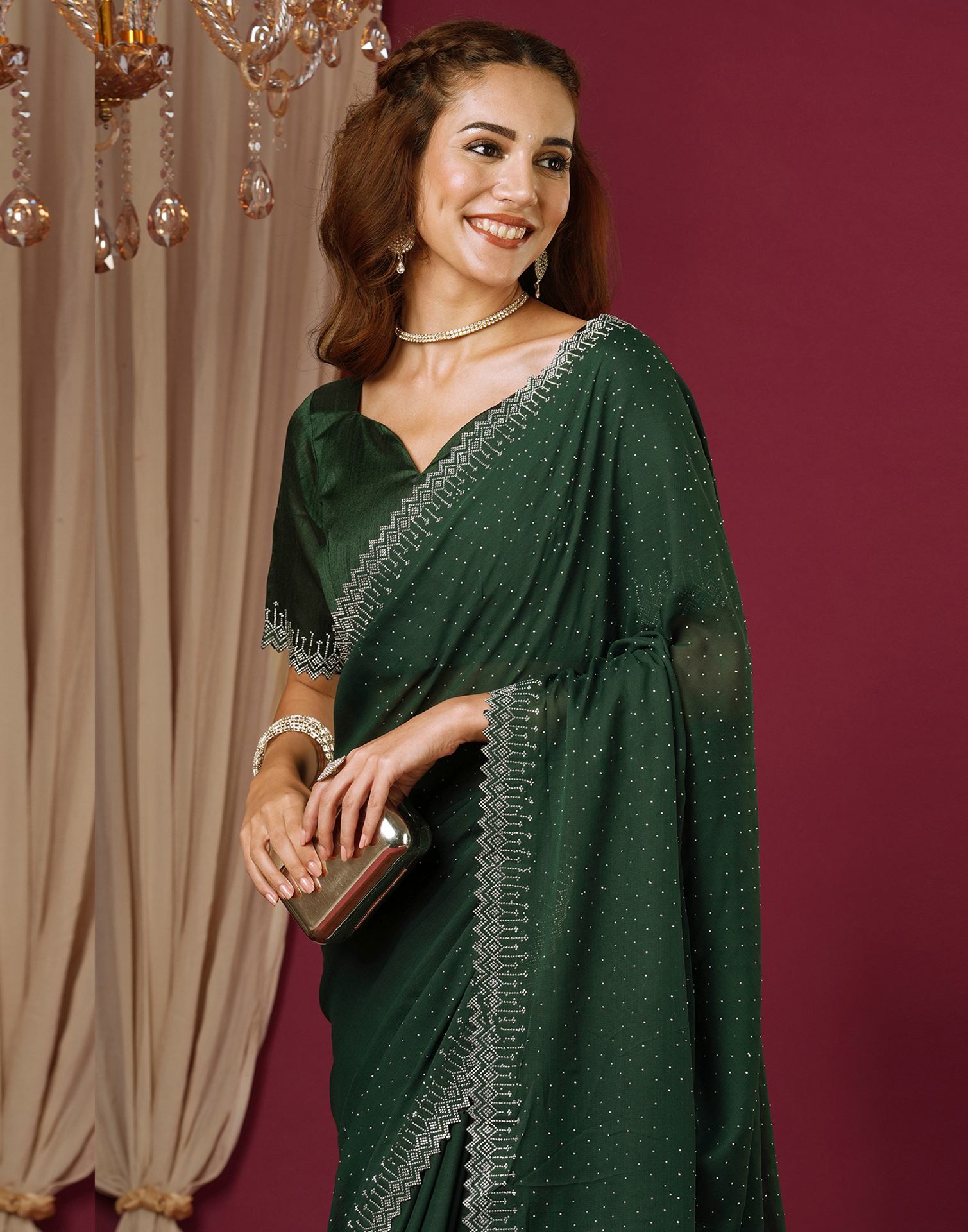 Dark Green Georgette Stone Work Swarovski Saree