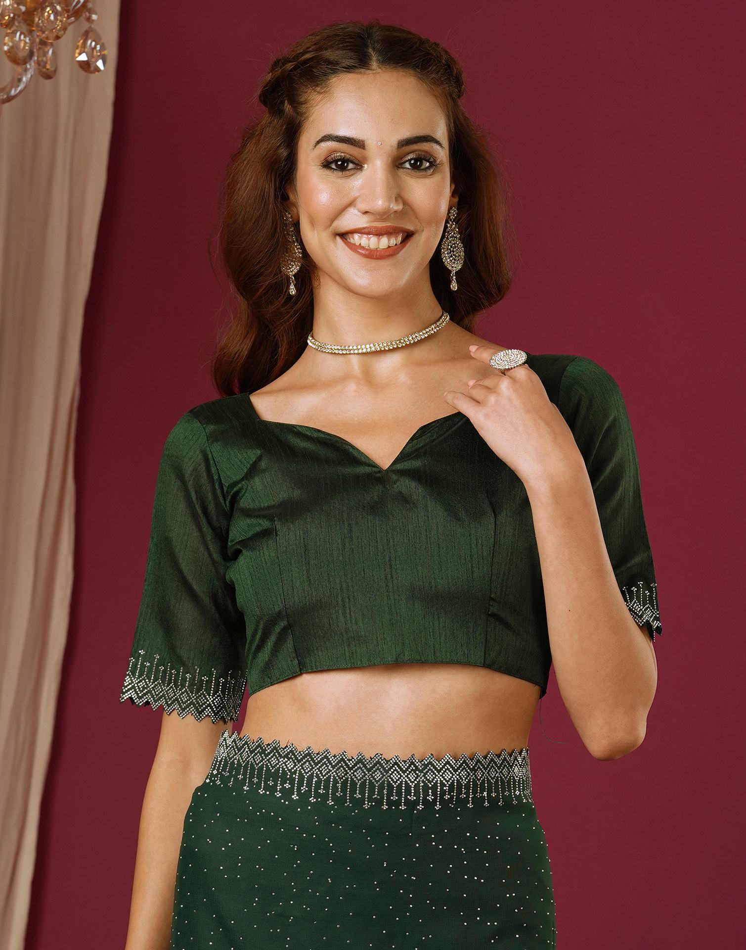 Dark Green Georgette Stone Work Swarovski Saree
