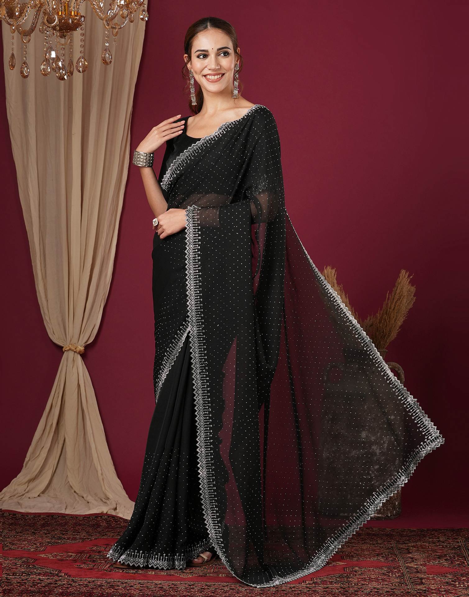 Black Georgette Stone Work Swarovski Saree