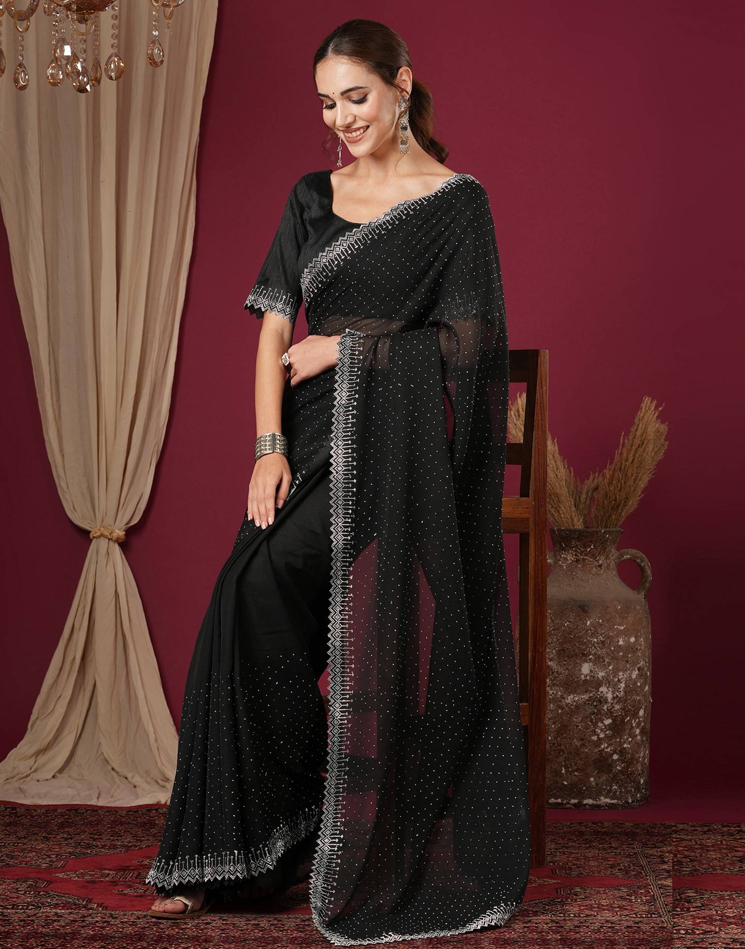 Black Georgette Stone Work Swarovski Saree