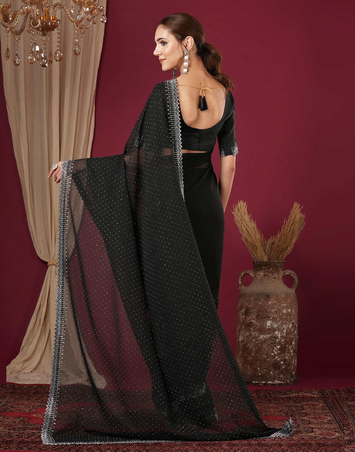 Black Georgette Stone Work Swarovski Saree