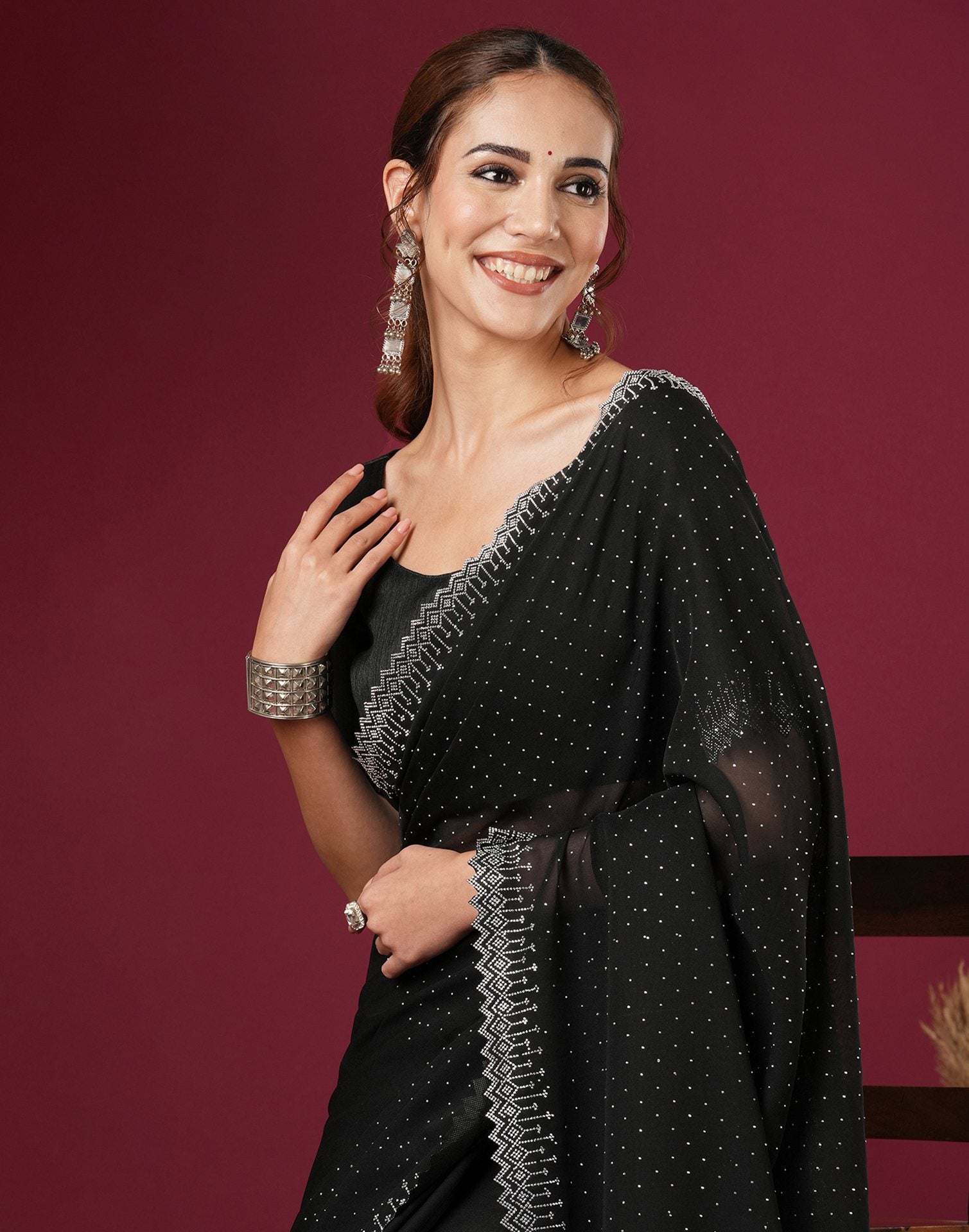 Black Georgette Stone Work Swarovski Saree