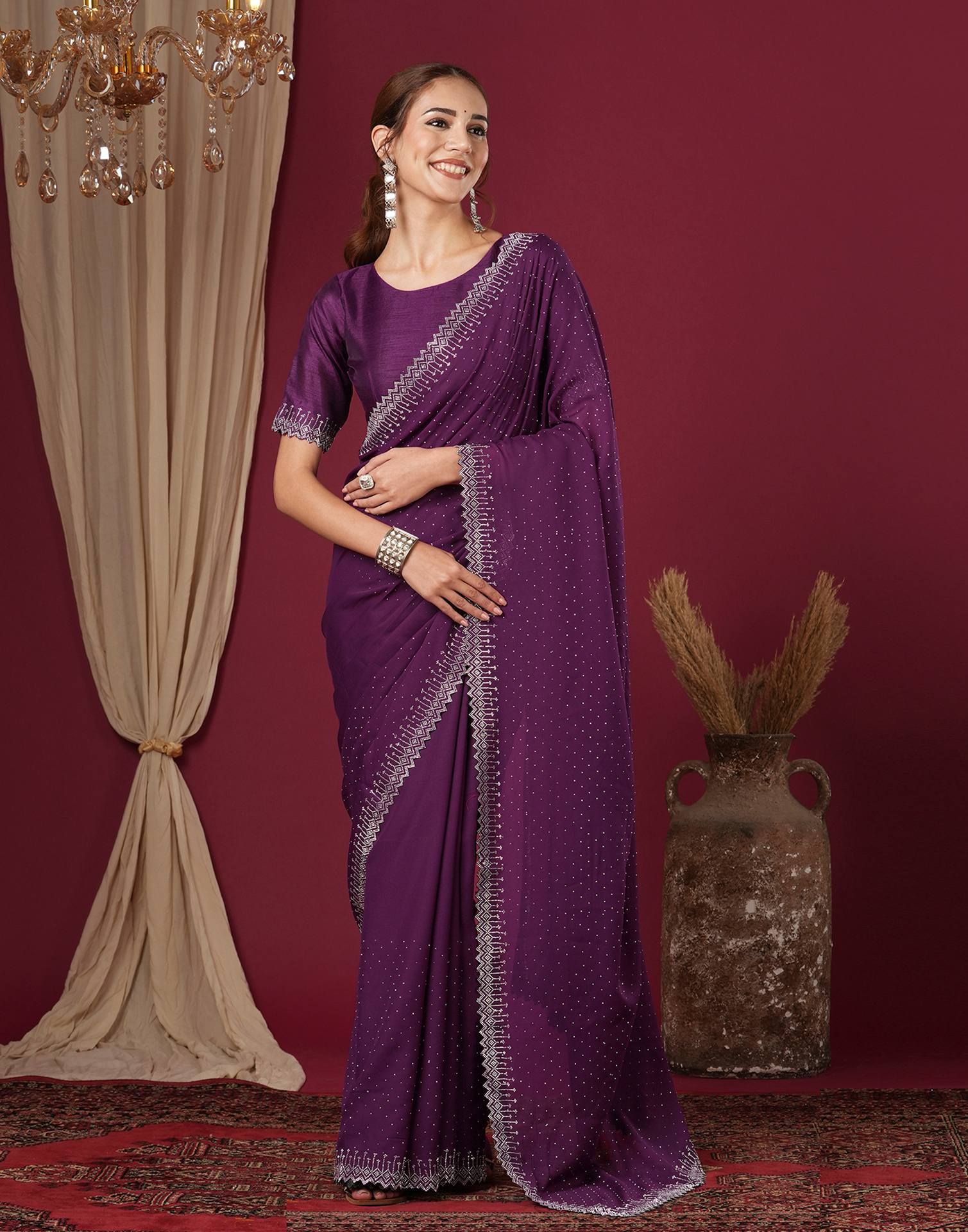 Dark Purple Georgette Stone Work Swarovski Saree