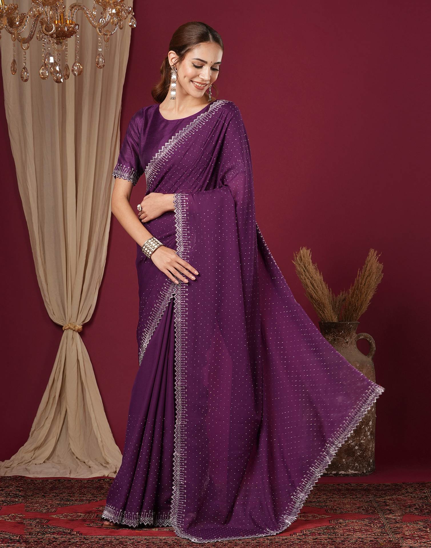 Dark Purple Georgette Stone Work Swarovski Saree