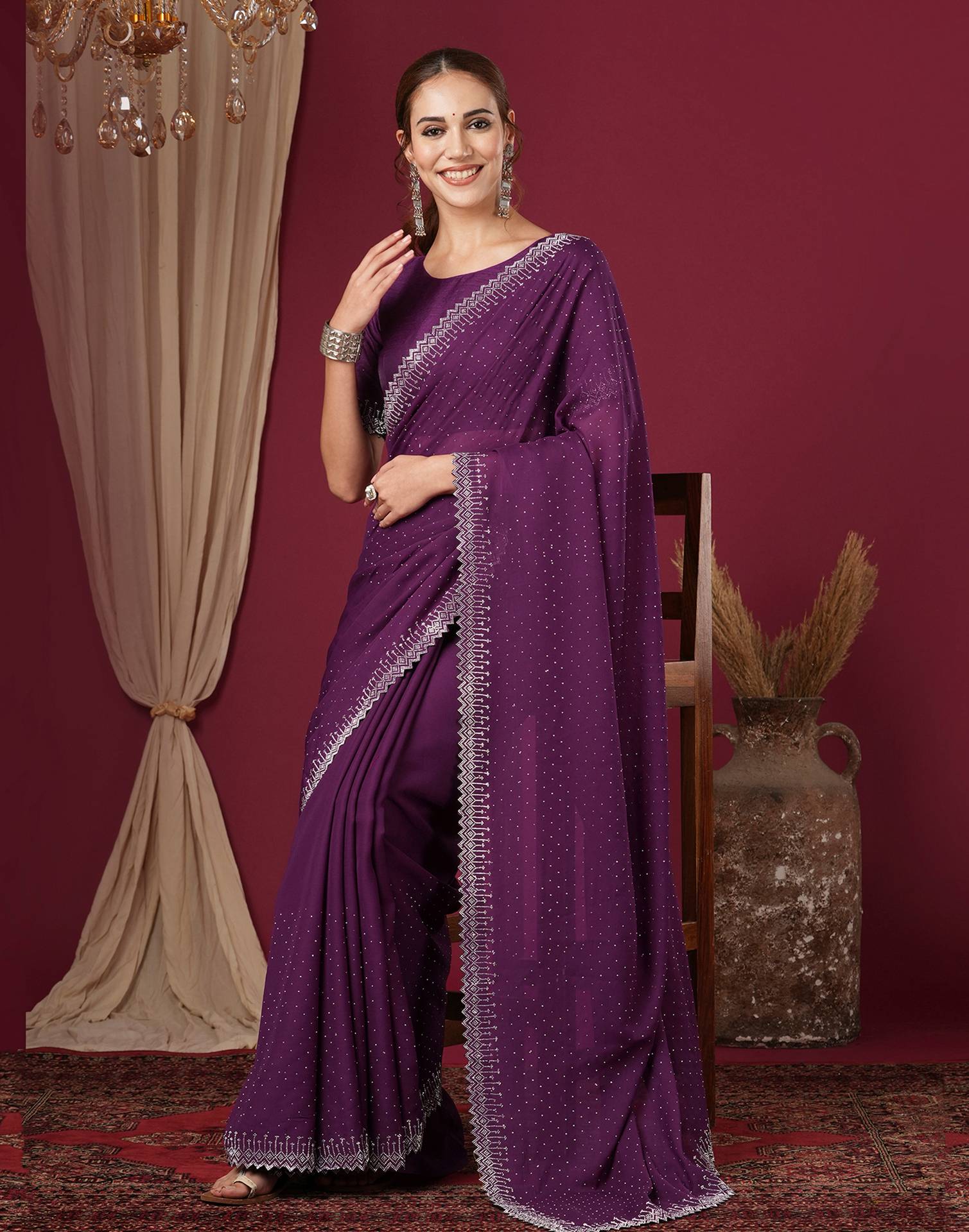 Dark Purple Georgette Stone Work Swarovski Saree