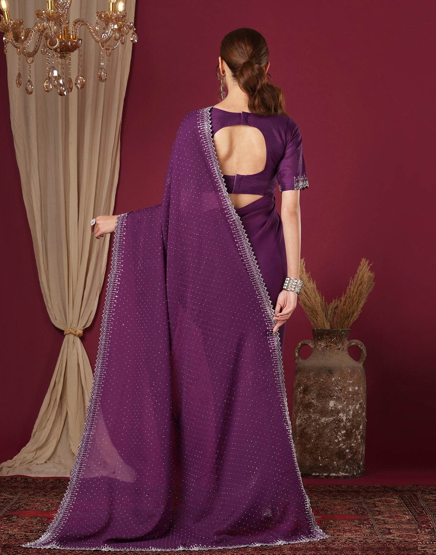 Dark Purple Georgette Stone Work Swarovski Saree
