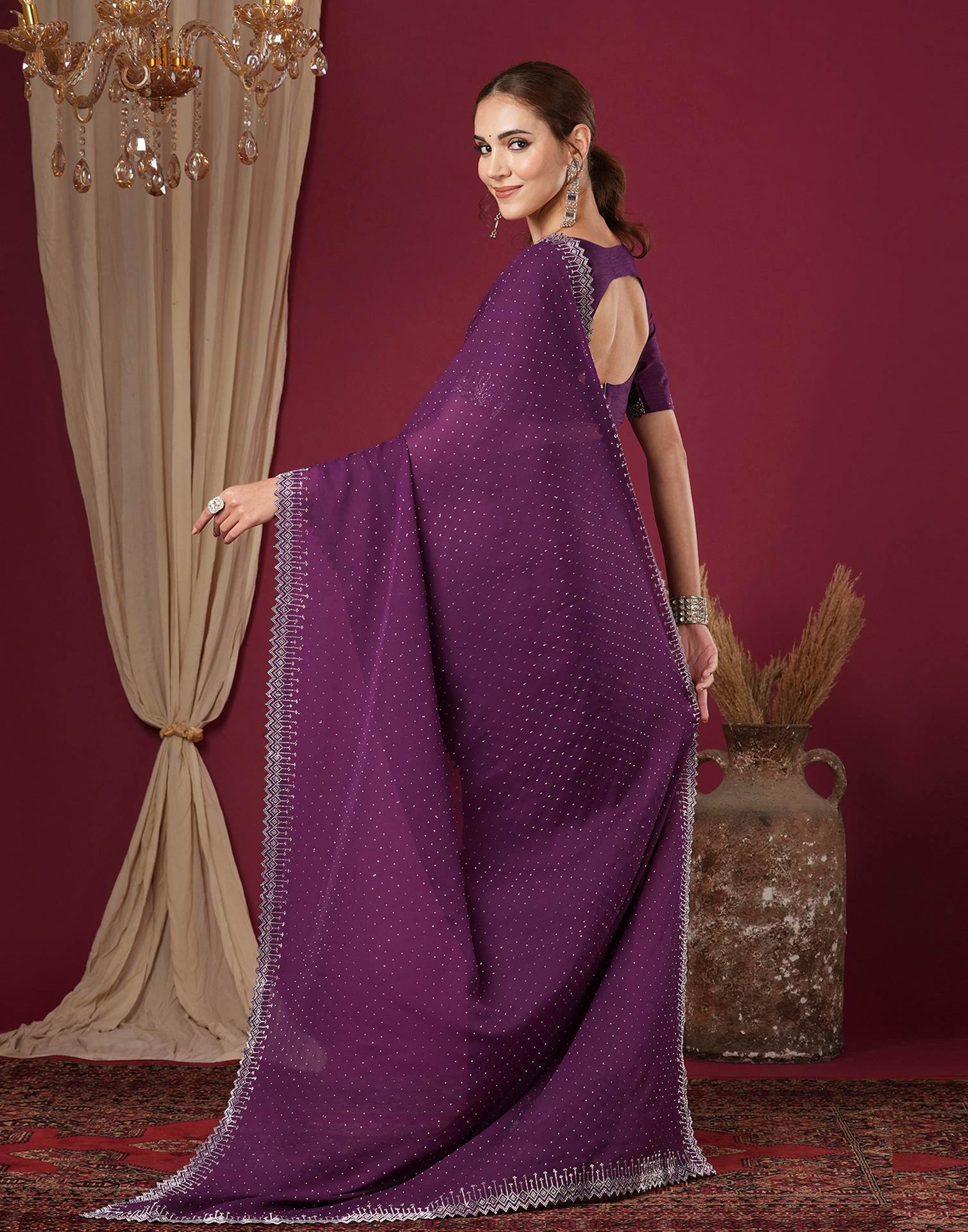 Dark Purple Georgette Stone Work Swarovski Saree