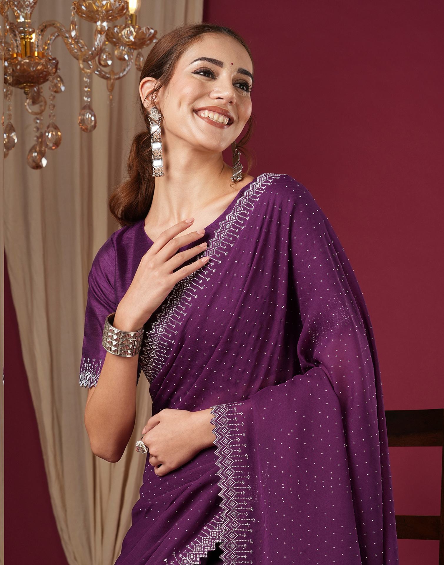 Dark Purple Georgette Stone Work Swarovski Saree