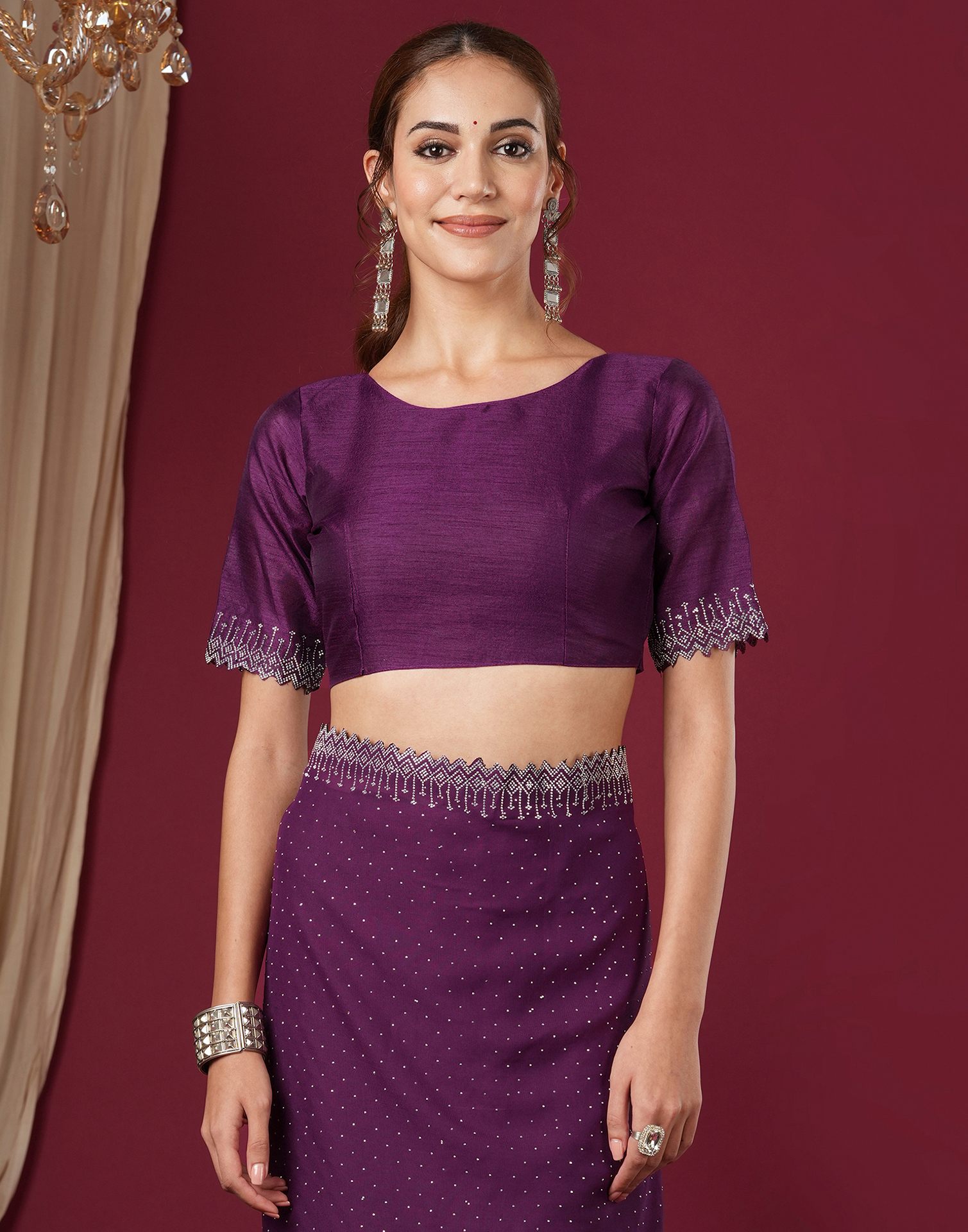 Dark Purple Georgette Stone Work Swarovski Saree