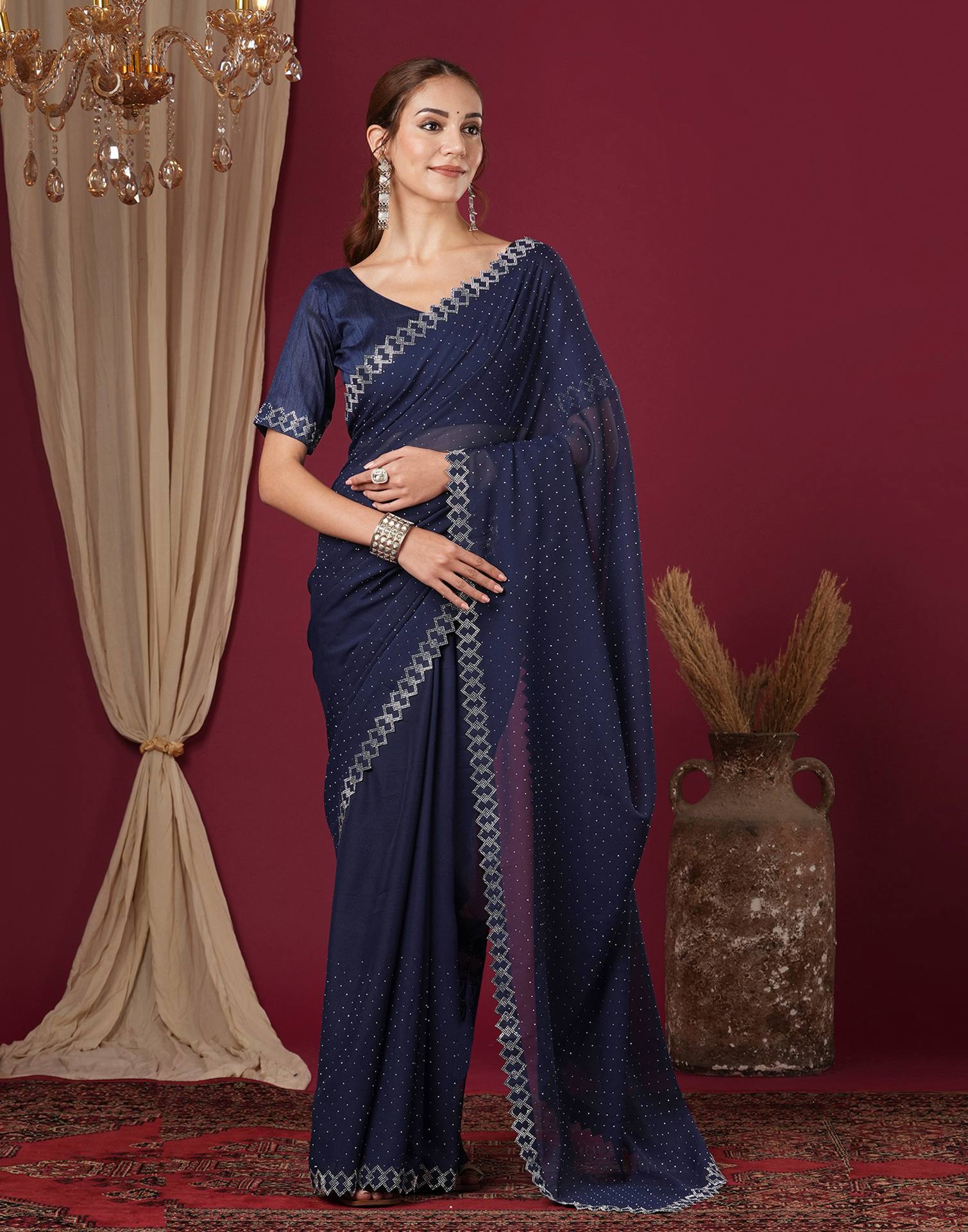 Royale Blue Georgette Stone Work Swarovski Saree