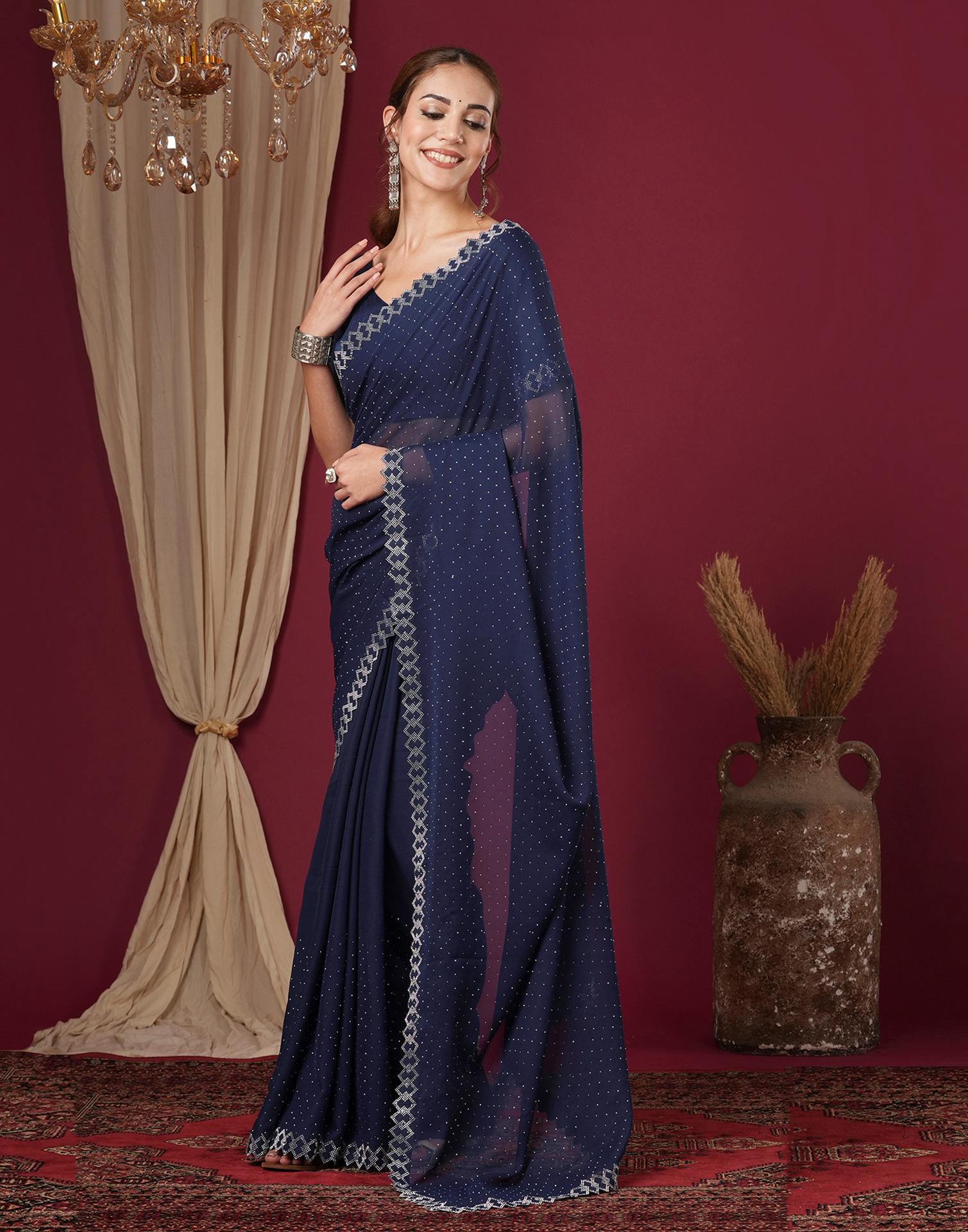 Royale Blue Georgette Stone Work Swarovski Saree