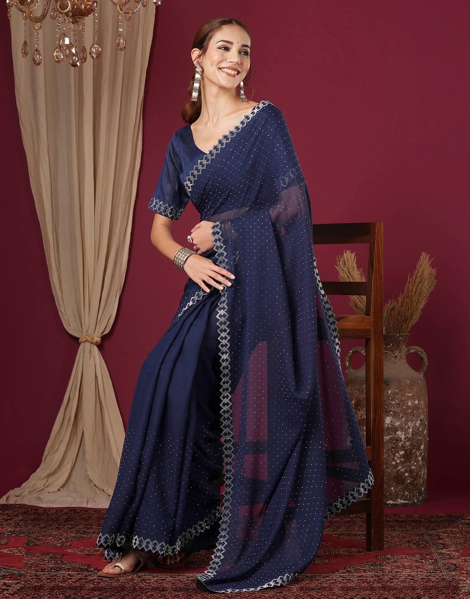 Royale Blue Georgette Stone Work Swarovski Saree
