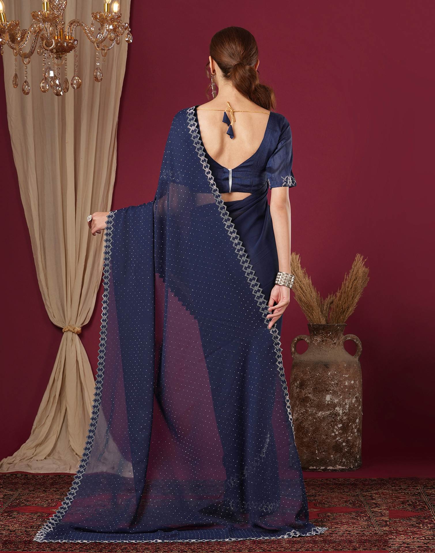 Royale Blue Georgette Stone Work Swarovski Saree
