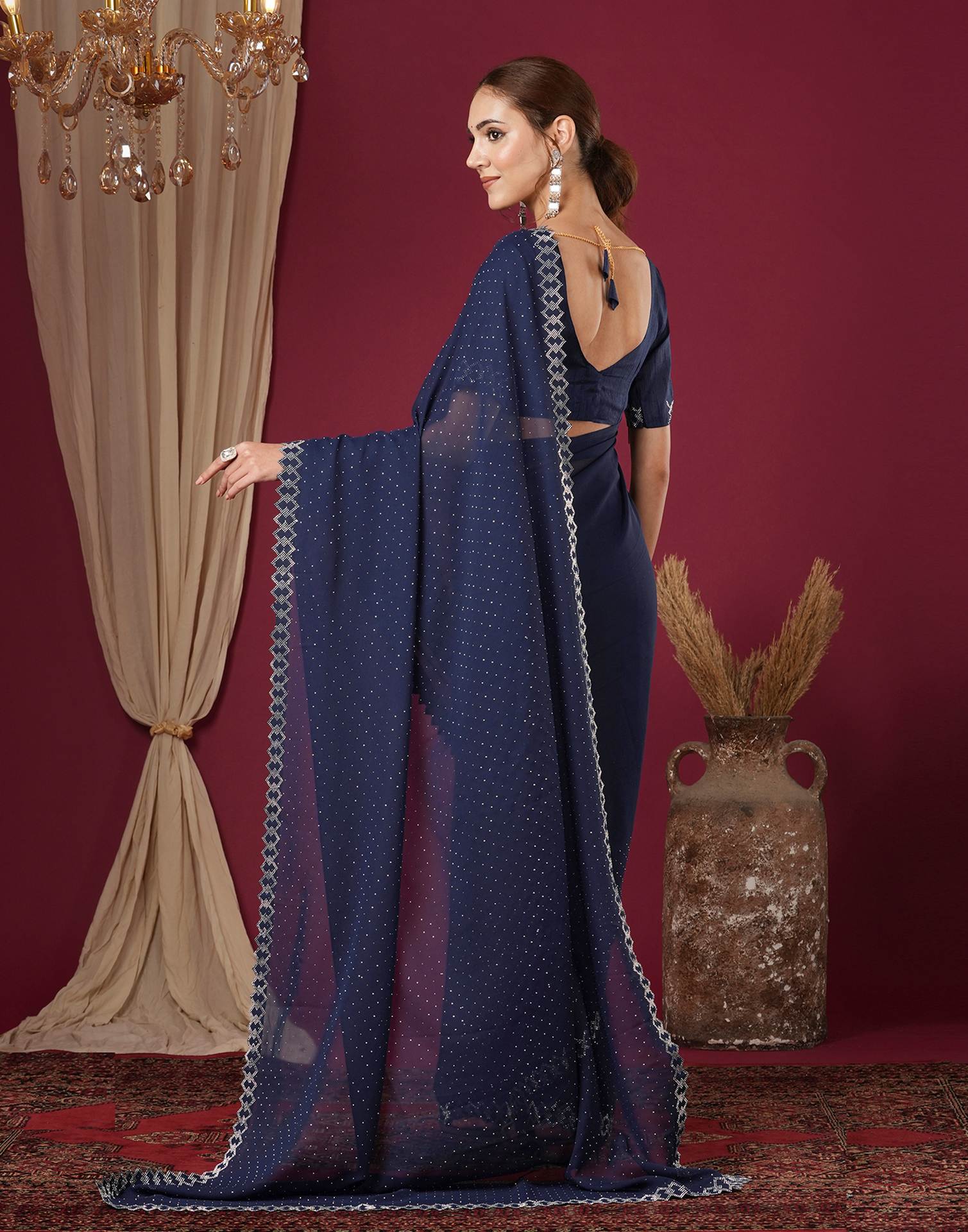 Royale Blue Georgette Stone Work Swarovski Saree