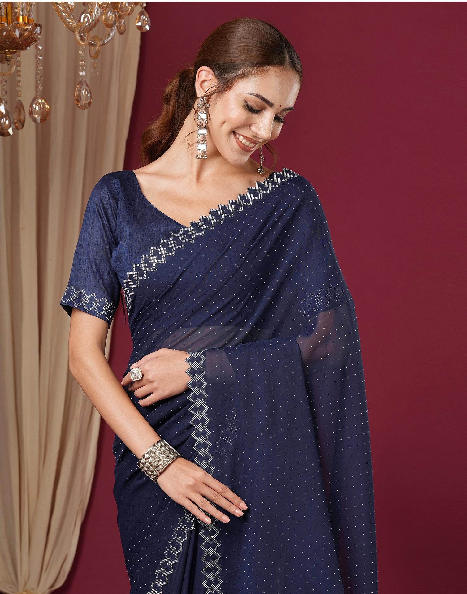 Royale Blue Georgette Stone Work Swarovski Saree