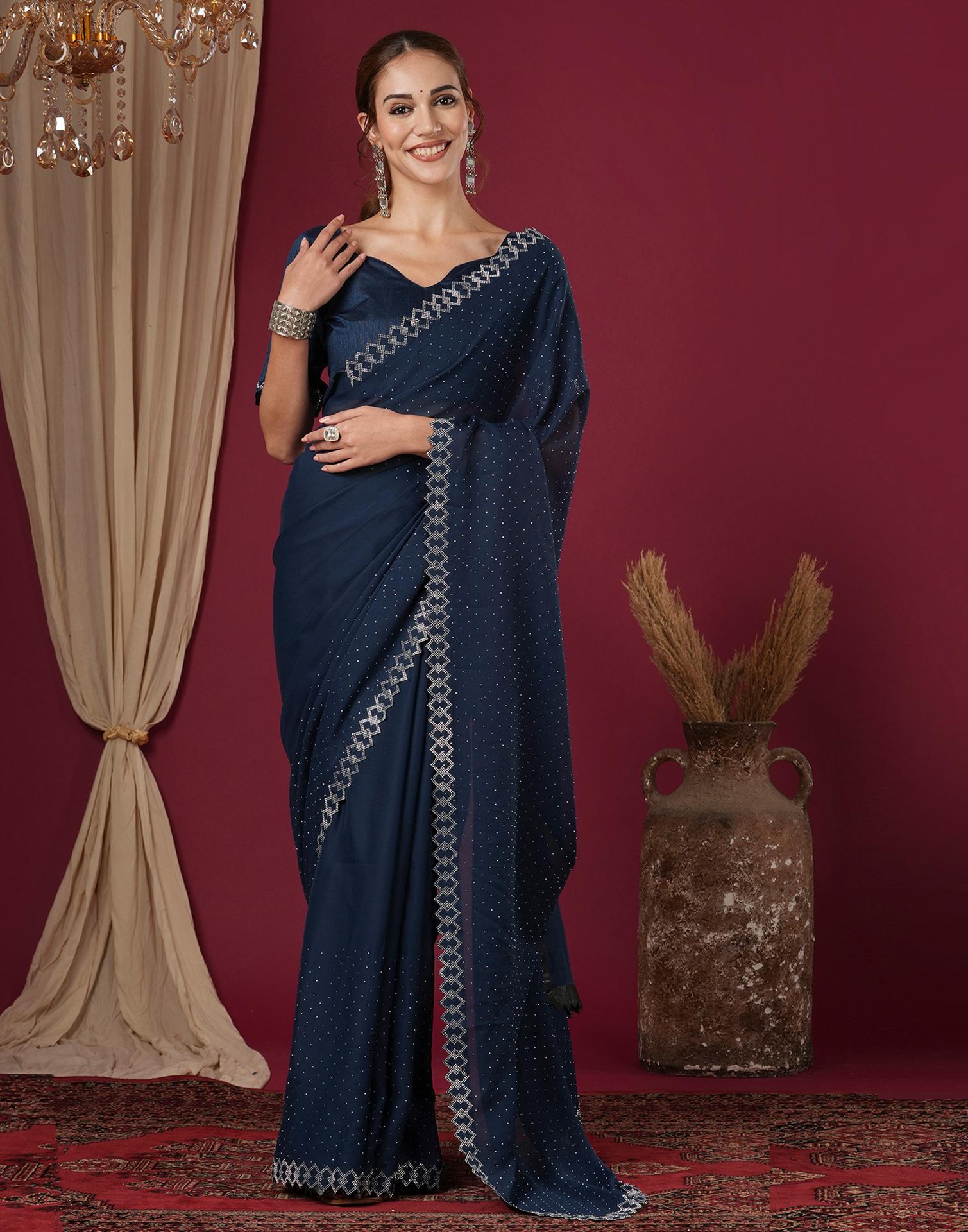 Navy Blue Georgette Stone Work Swarovski Saree