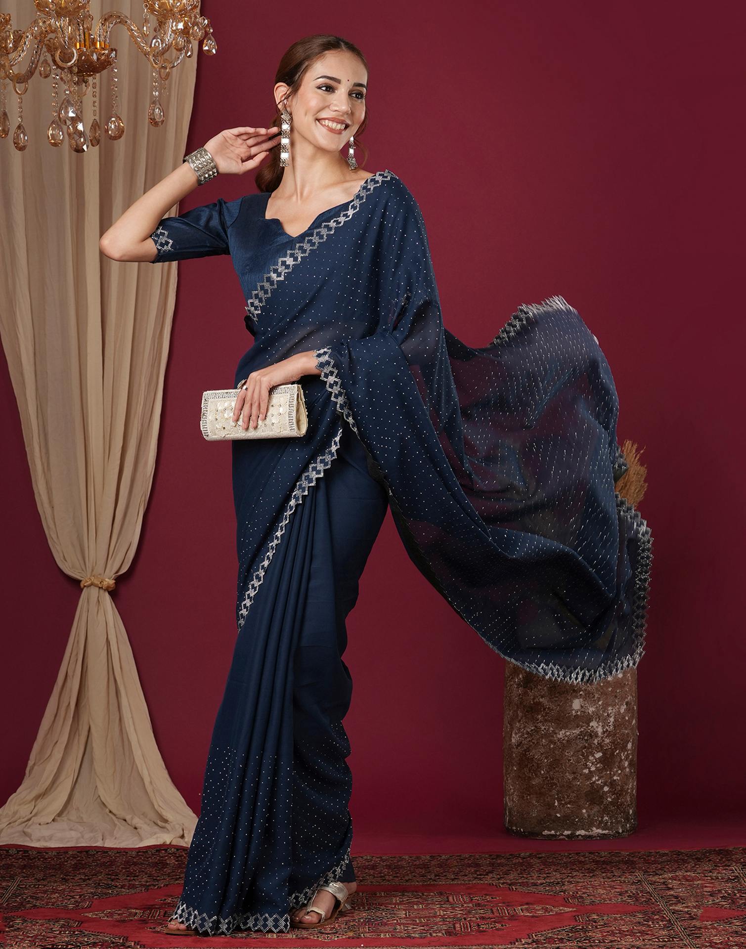Navy Blue Georgette Stone Work Swarovski Saree
