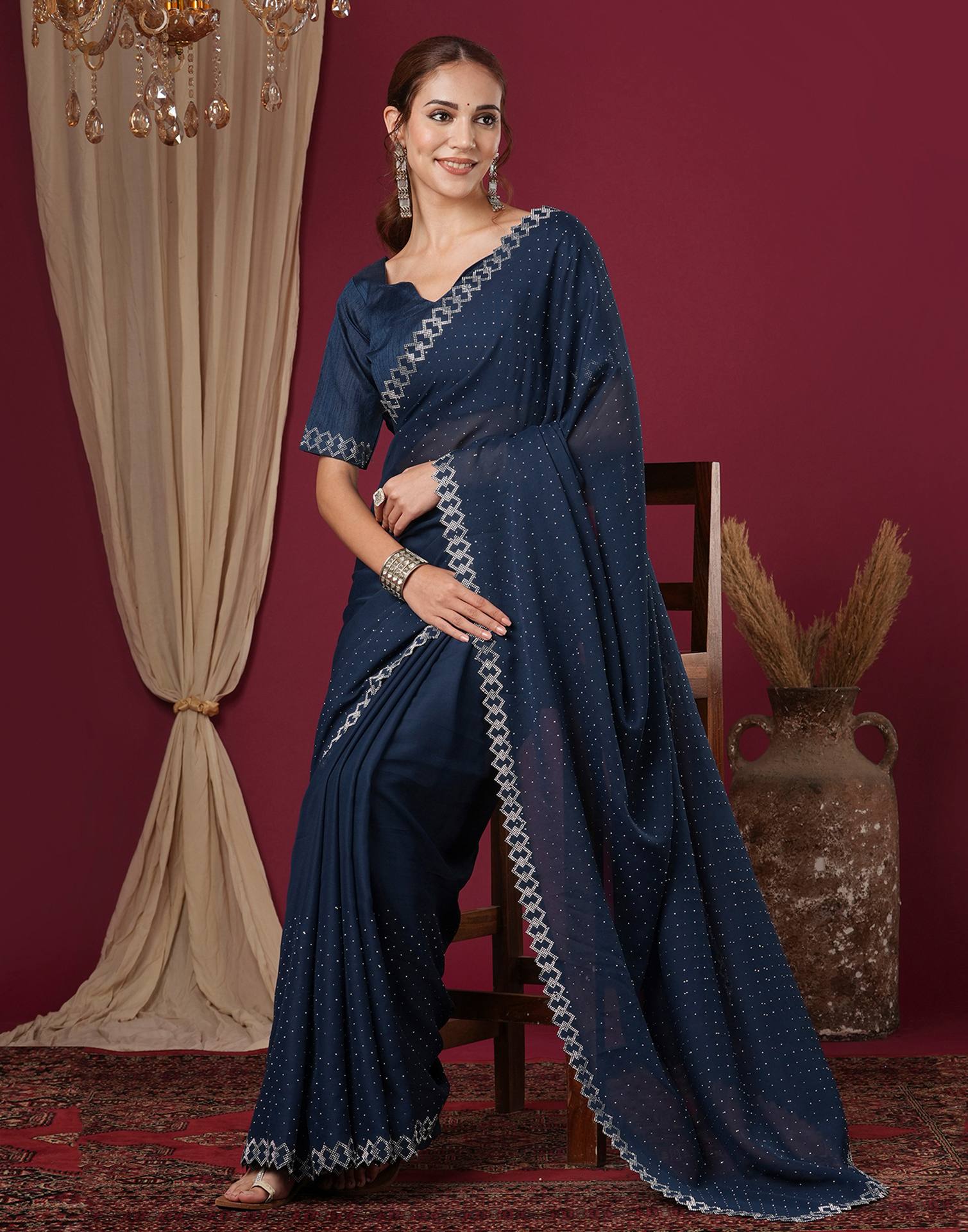 Navy Blue Georgette Stone Work Swarovski Saree