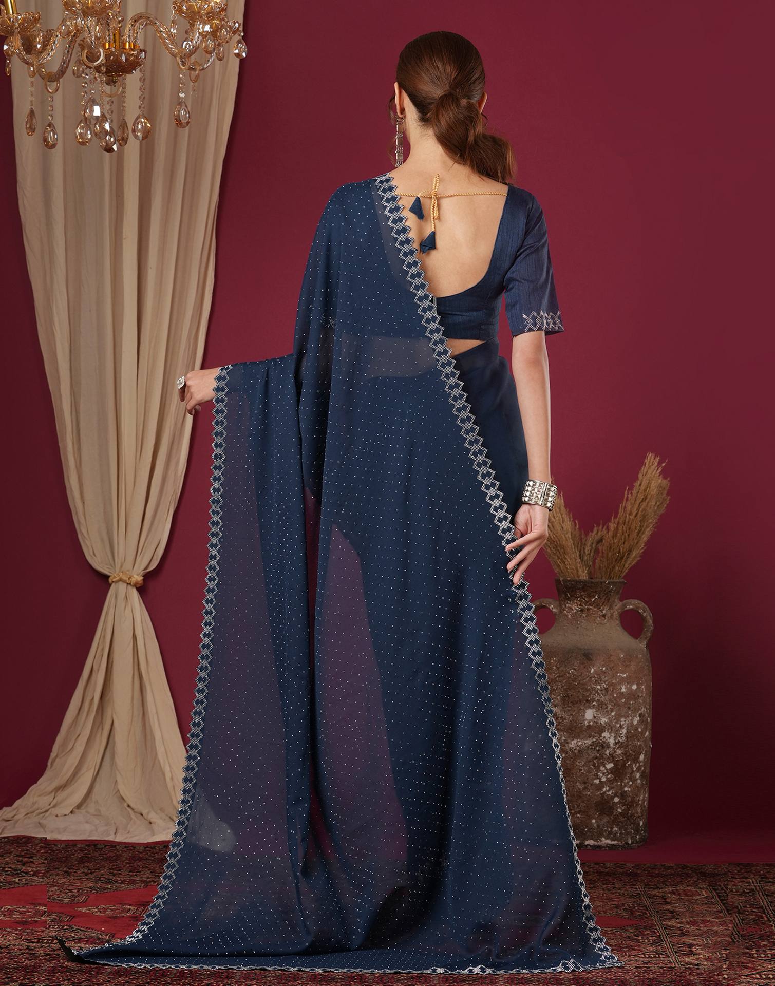 Navy Blue Georgette Stone Work Swarovski Saree