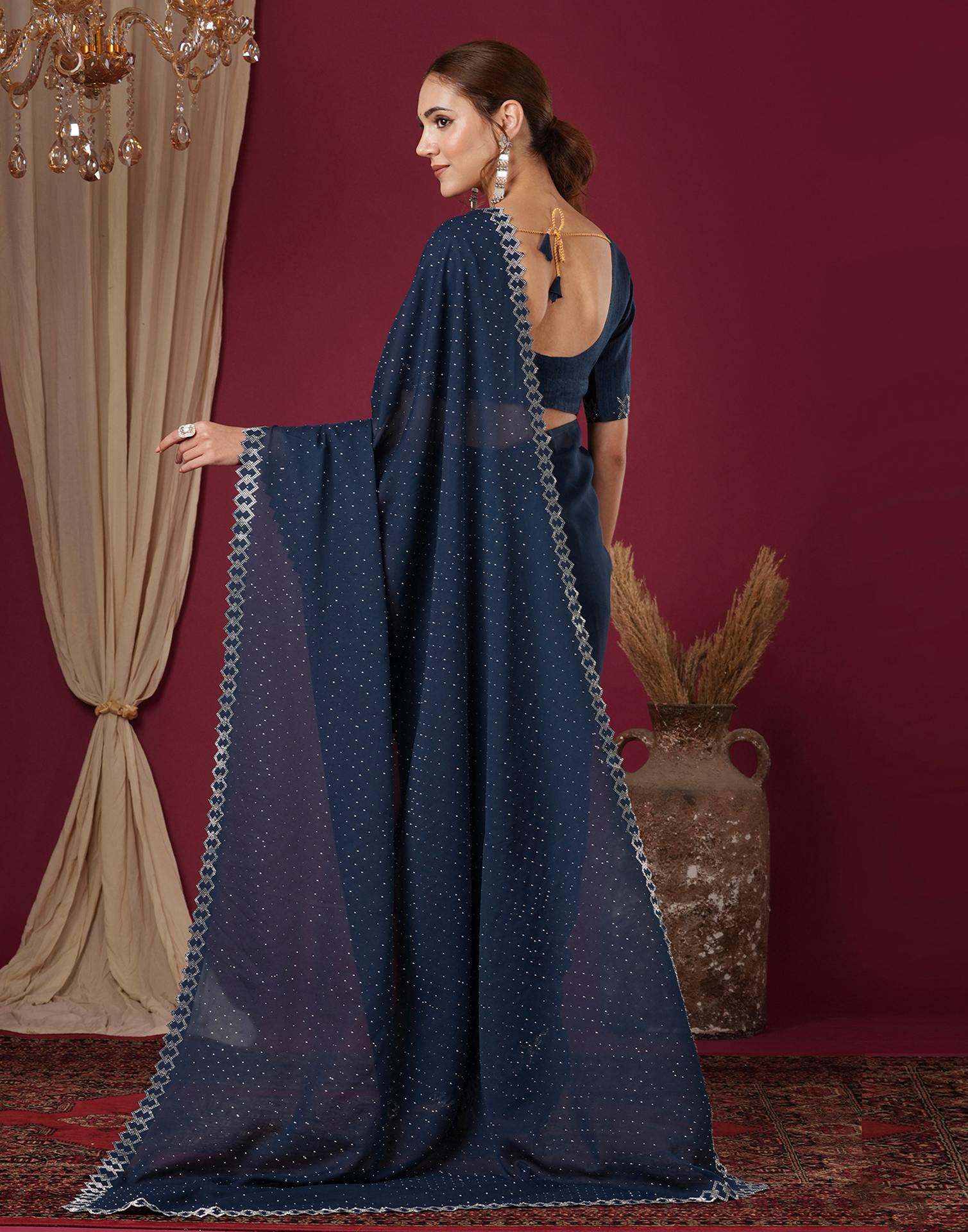 Navy Blue Georgette Stone Work Swarovski Saree