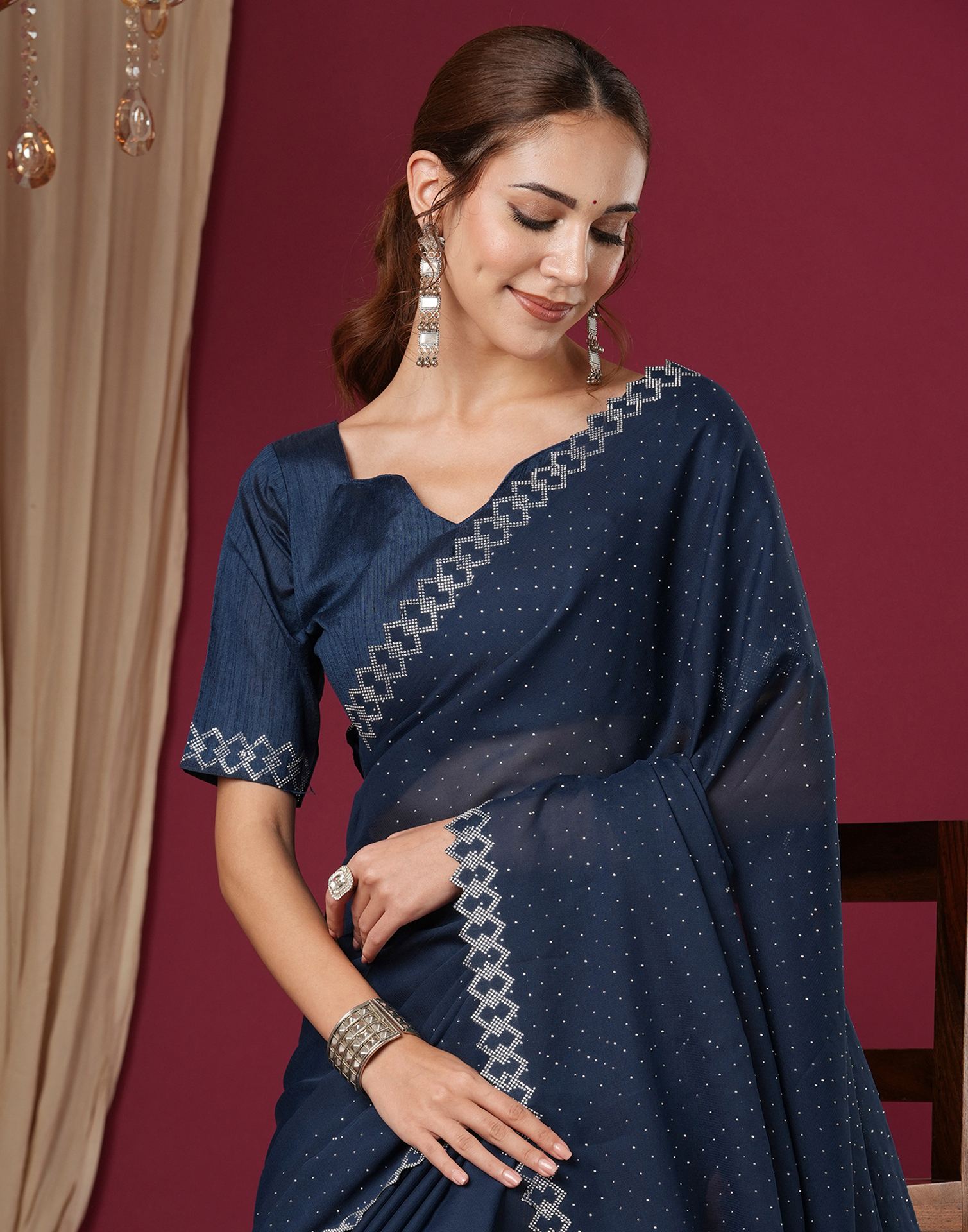 Navy Blue Georgette Stone Work Swarovski Saree