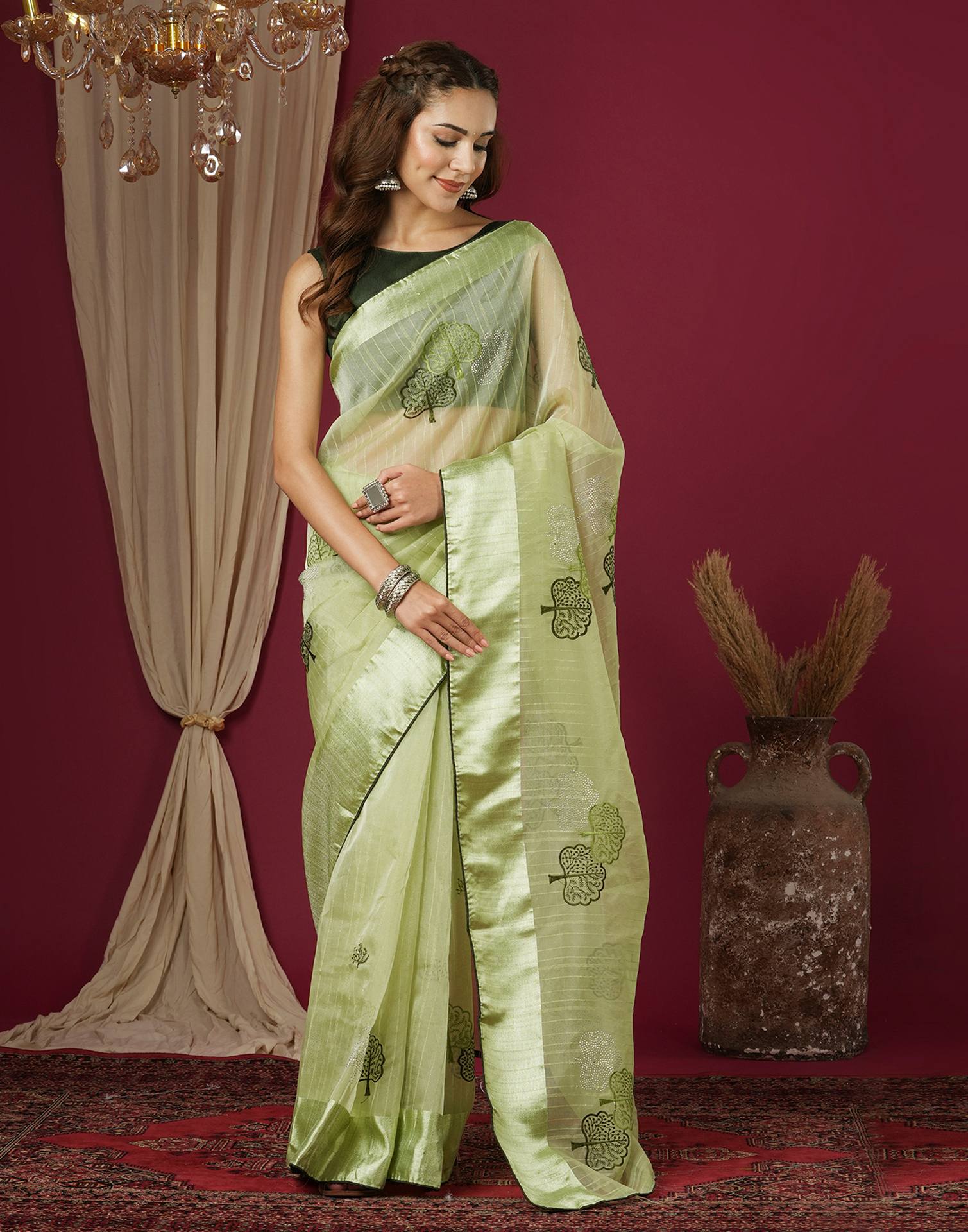Pista Green Organza Embroidery Saree