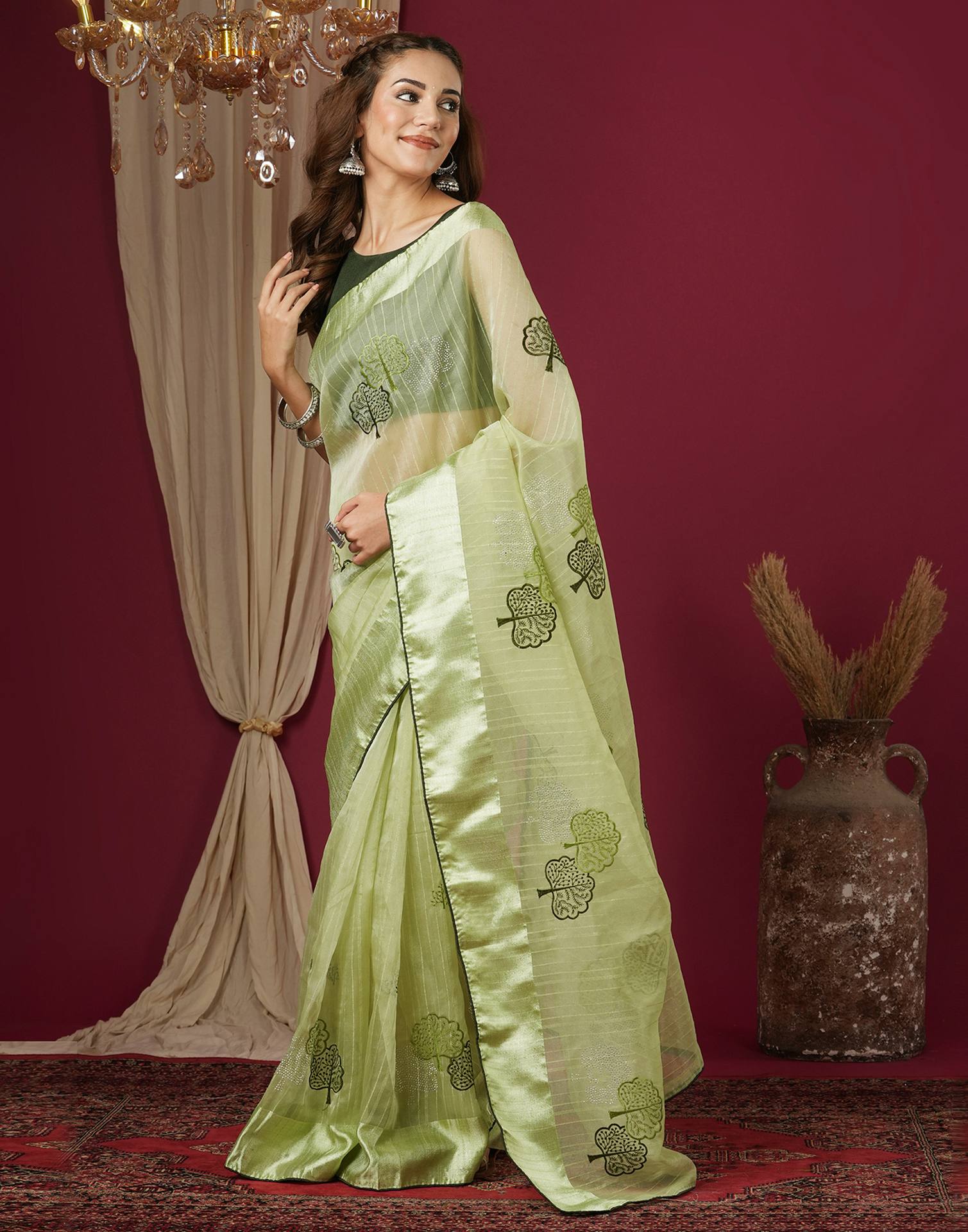 Pista Green Organza Embroidery Saree