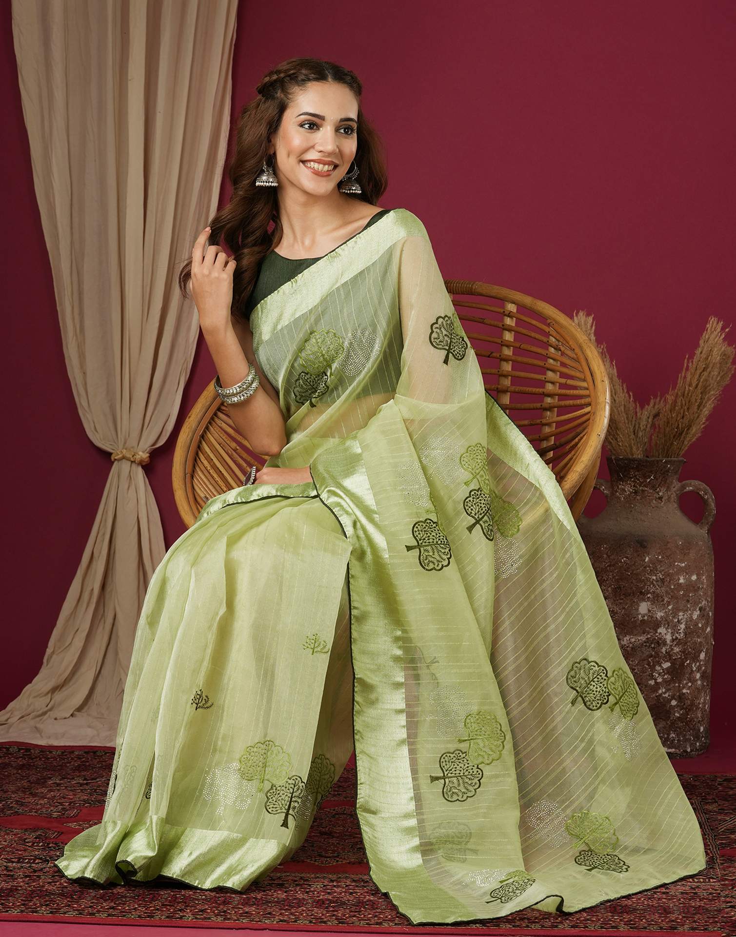 Pista Green Organza Embroidery Saree