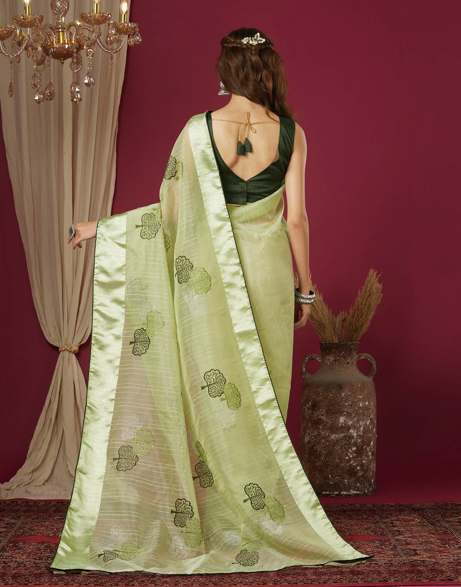Pista Green Organza Embroidery Saree