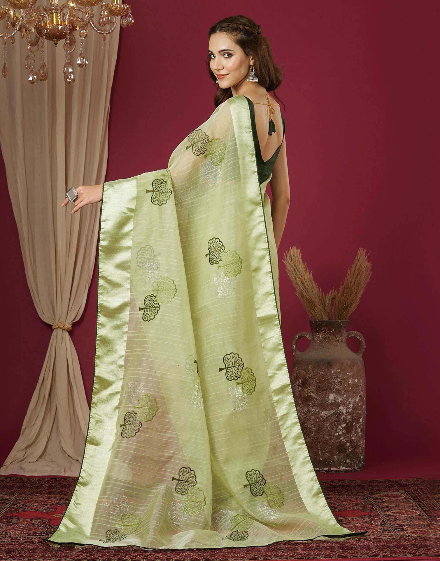 Pista Green Organza Embroidery Saree