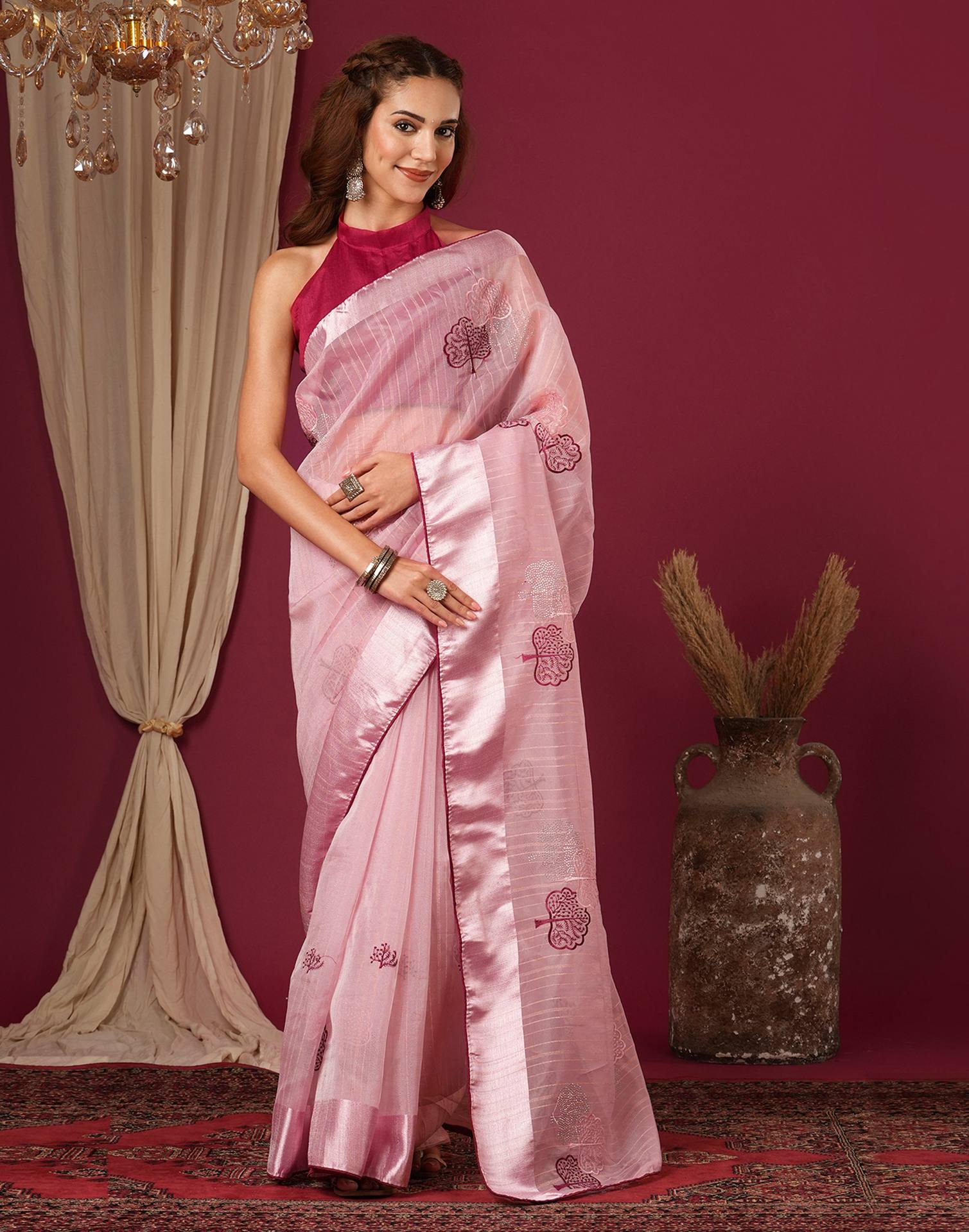 Pink Organza Embroidery Saree