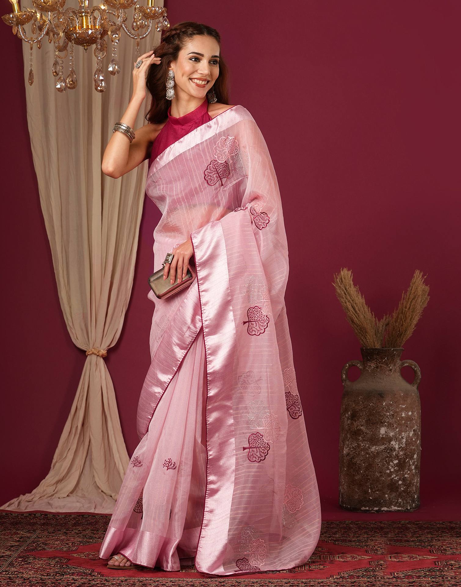 Pink Organza Embroidery Saree