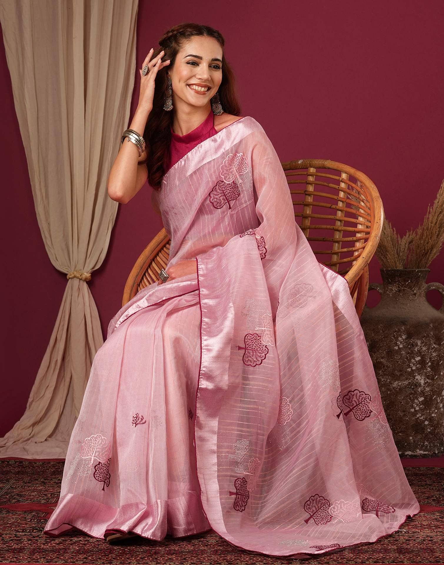 Pink Organza Embroidery Saree