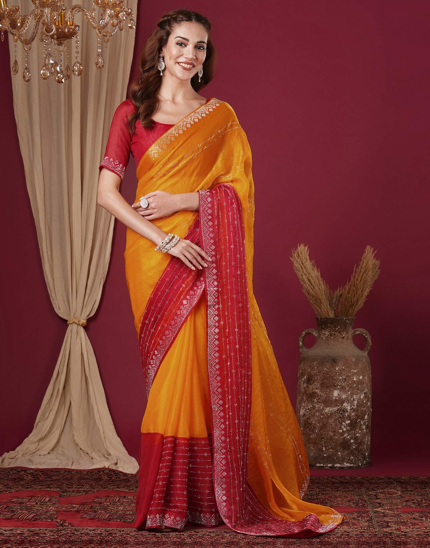 Yellow Shimmer Stone Work Swarovski Saree