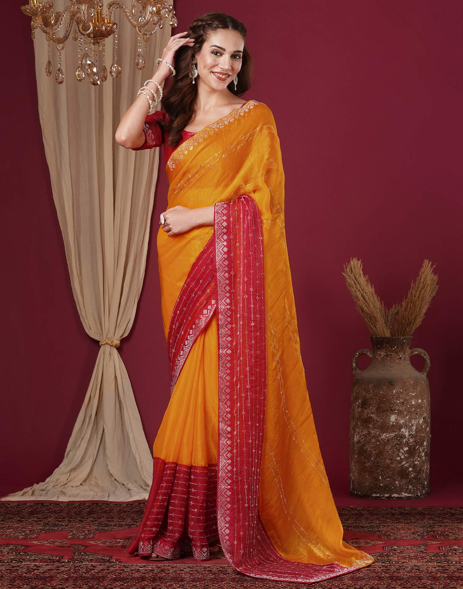 Yellow Shimmer Stone Work Swarovski Saree